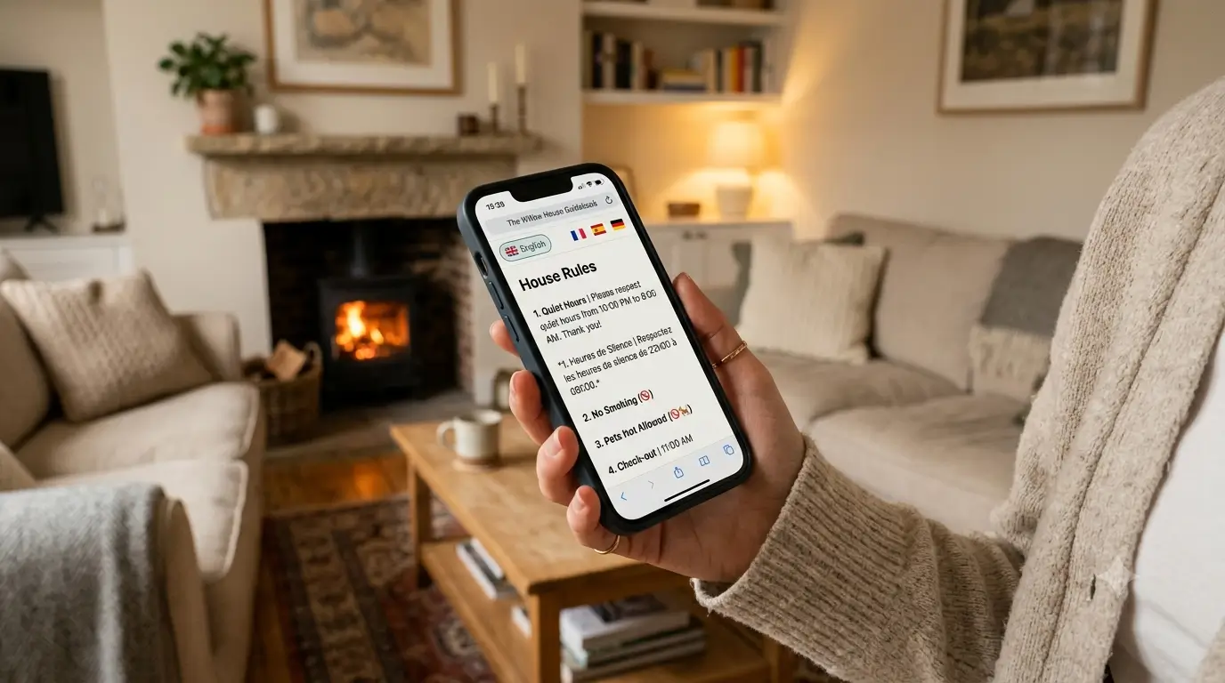 A phone showing a vacation rental's digital guidebook house rules in a guest's language, held at a natural reading angle in a living room.