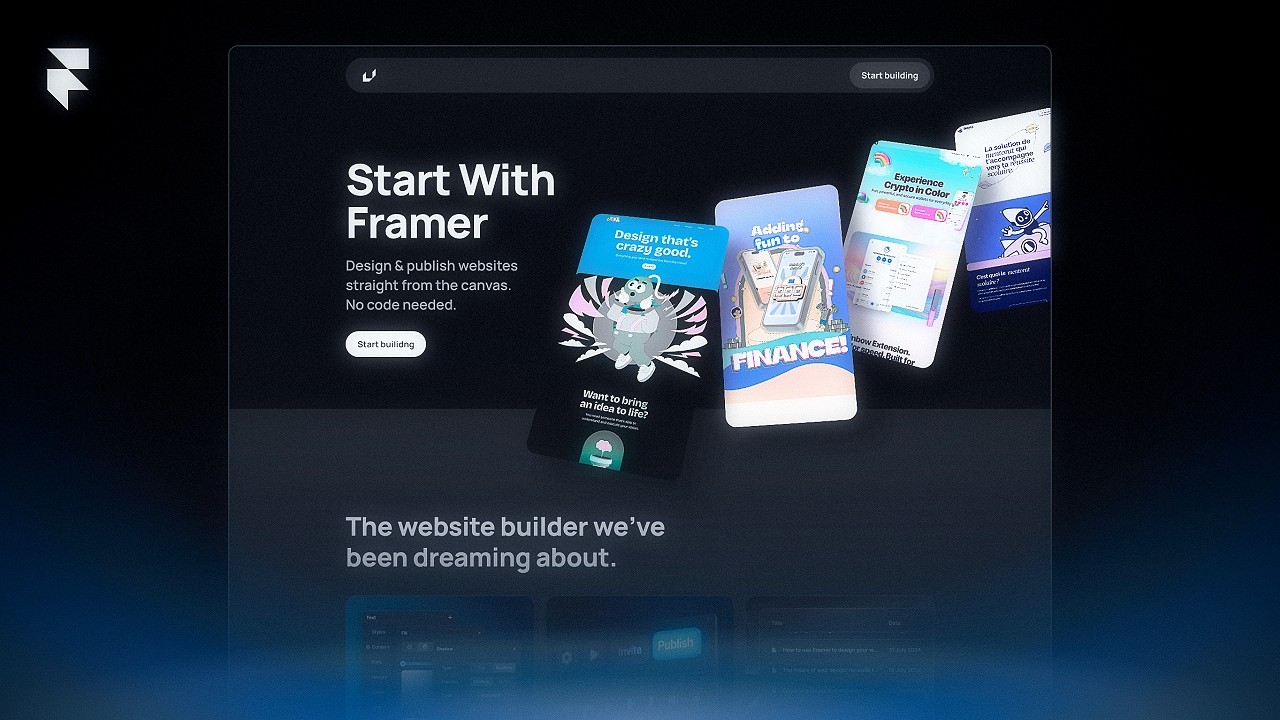 Framer website homepage showcasing no-code web design platform with floating mobile app mockups and 'Start building' call-to-action against dark background