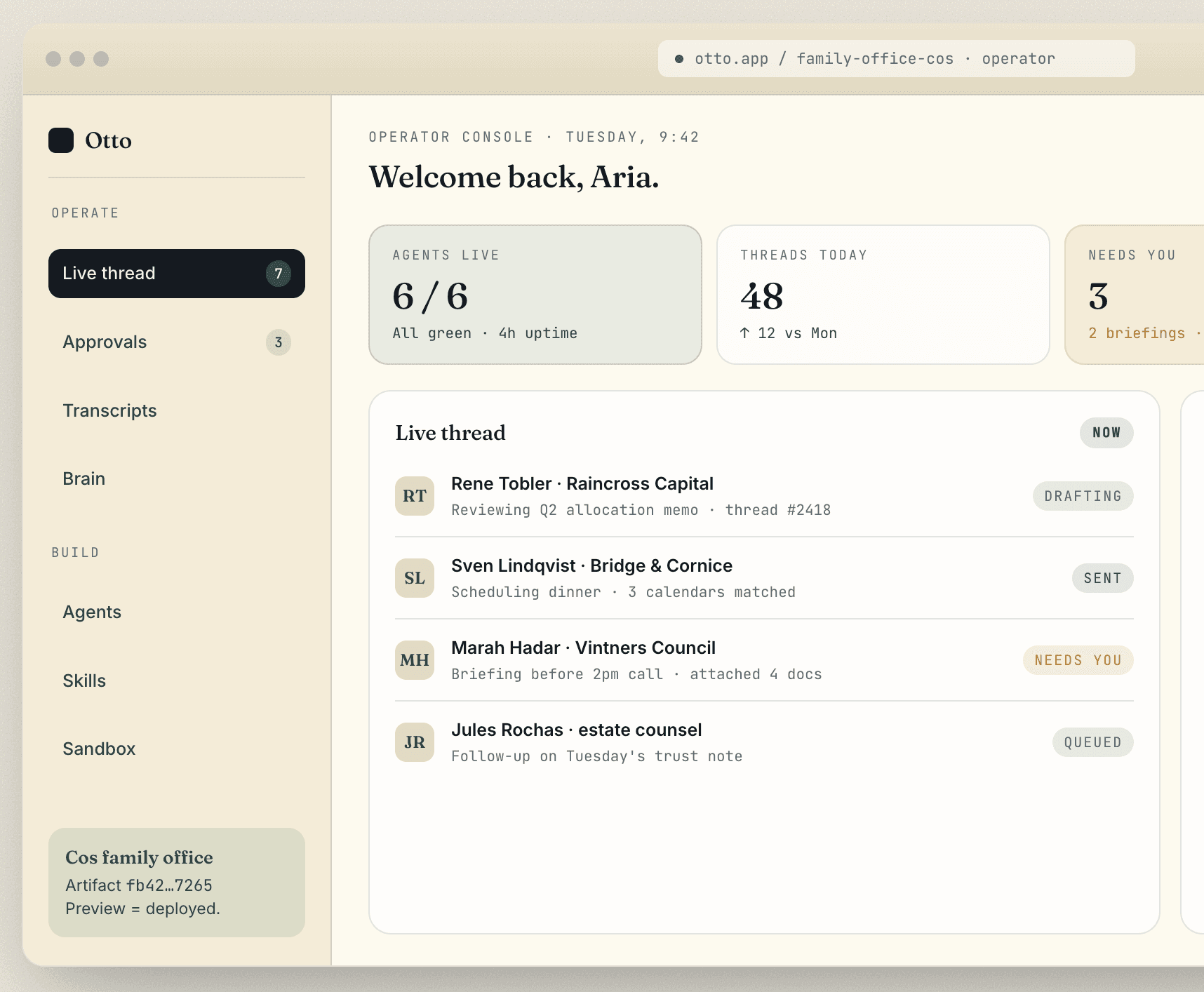 Otto operator system preview showing builder, approvals, and live operational workflows.