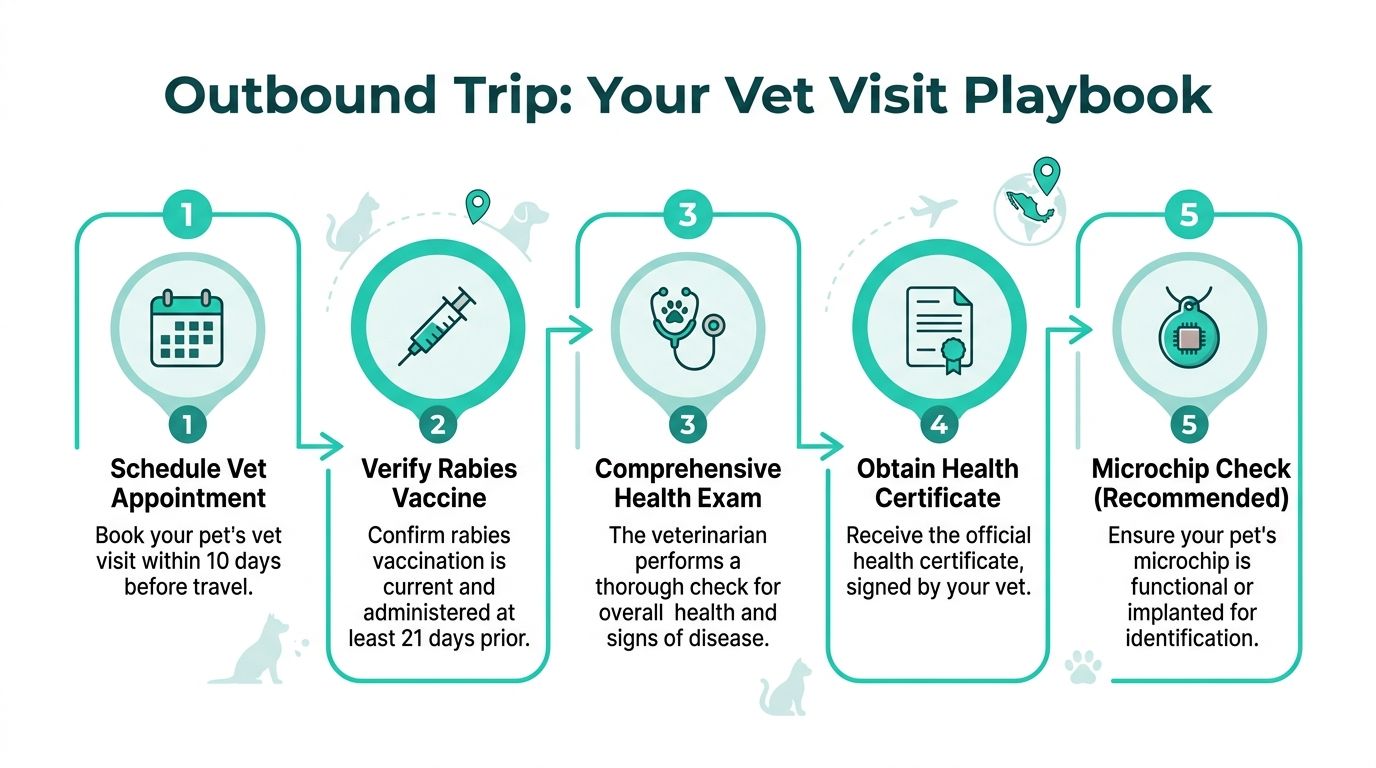 A step-by-step infographic titled Outbound Trip guiding pet owners through the required veterinary preparations for travel.