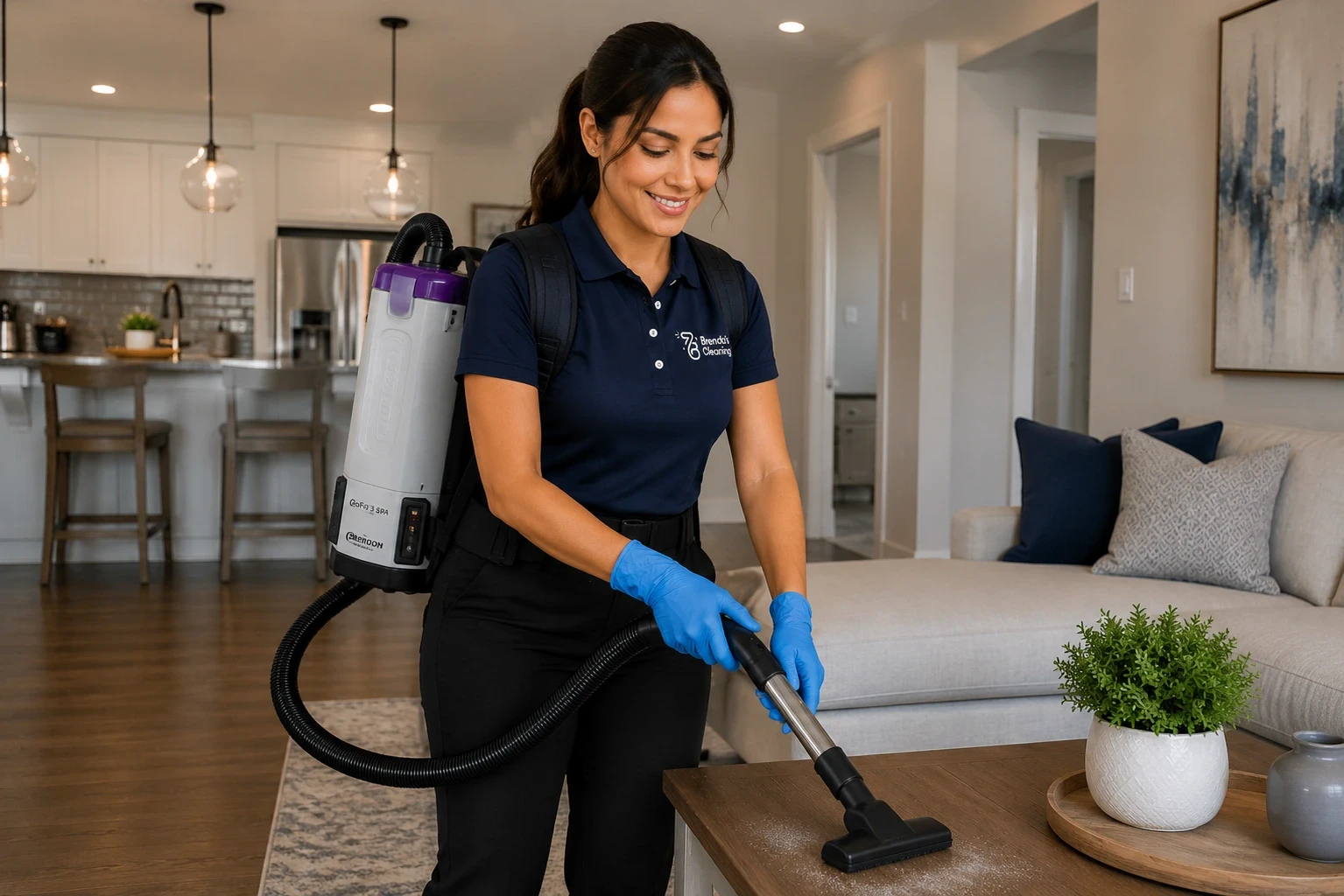 A smiling professional maid with Brenda's Cleaning service using a specialized brush attachment to vacuum dust off a wooden coffee table. She is wearing a commercial backpack vacuum cleaner, a company-branded navy blue polo shirt, black trousers, and blue protective gloves. The scene illustrates high-end residential deep cleaning, allergen removal, and comprehensive housekeeping services inside a modern, open-concept living area with a kitchen island and couch in the background.