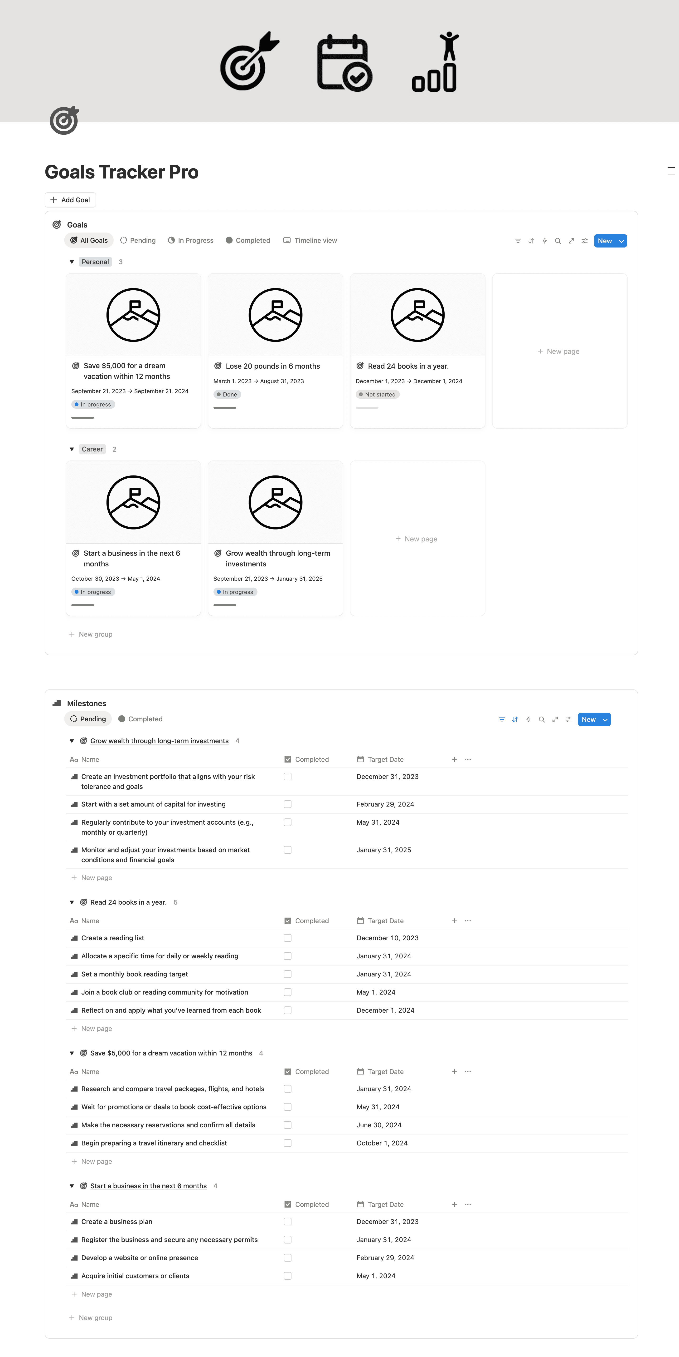 Goals Tracker Pro Notion template for setting goals and tracking progress toward milestones