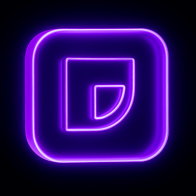 Glowing purple neon letter "D" inside a square frame on a dark background.