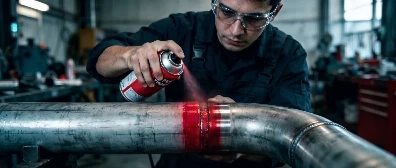 Glospech technician performing ultrasonic testing on pipe flange nozzle weld with angle beam probe and digital UT instrument, industrial plant Gauteng