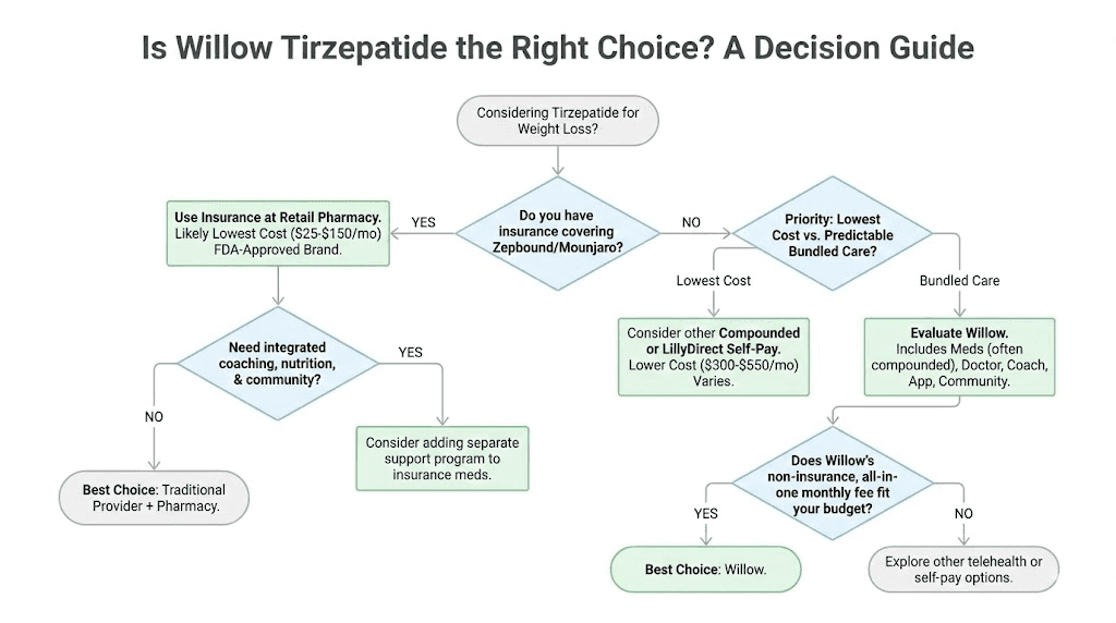 Decision guide for choosing Willow tirzepatide based on cost and needs