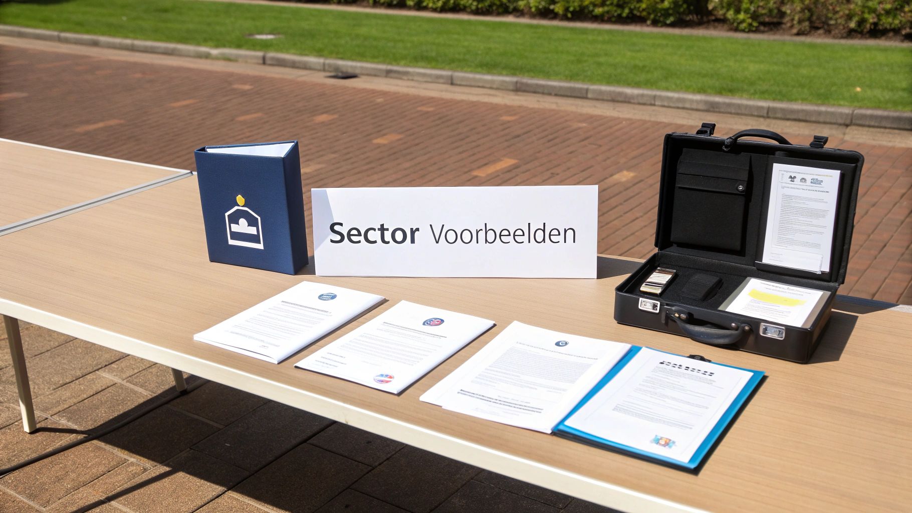 Tafel met documentenmappen, zwarte koffer en bord met tekst Sector Voorbeelden tijdens presentatie
