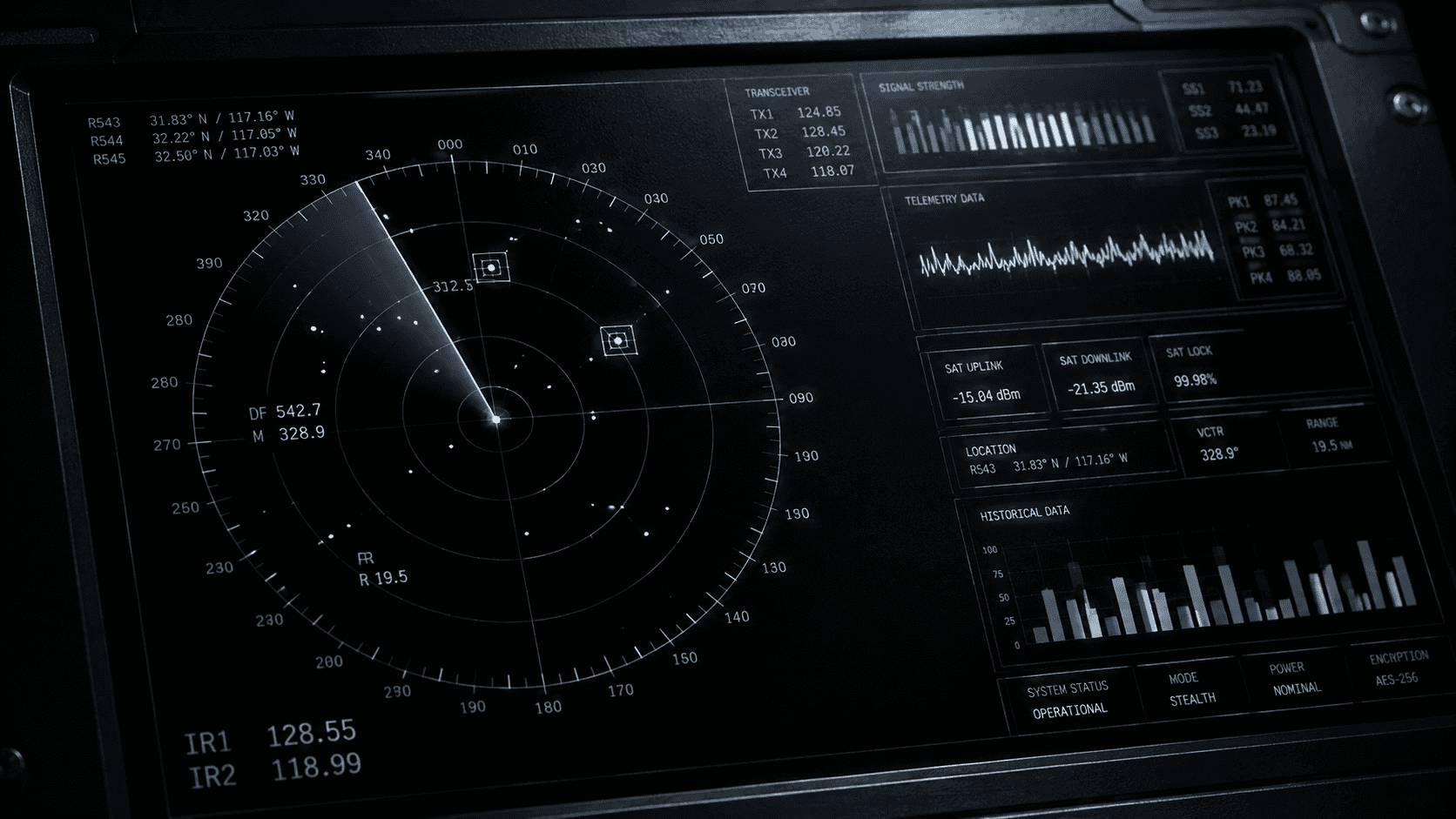 Portrait of a display screen showing a radar and visual readings on a dark and moody background.