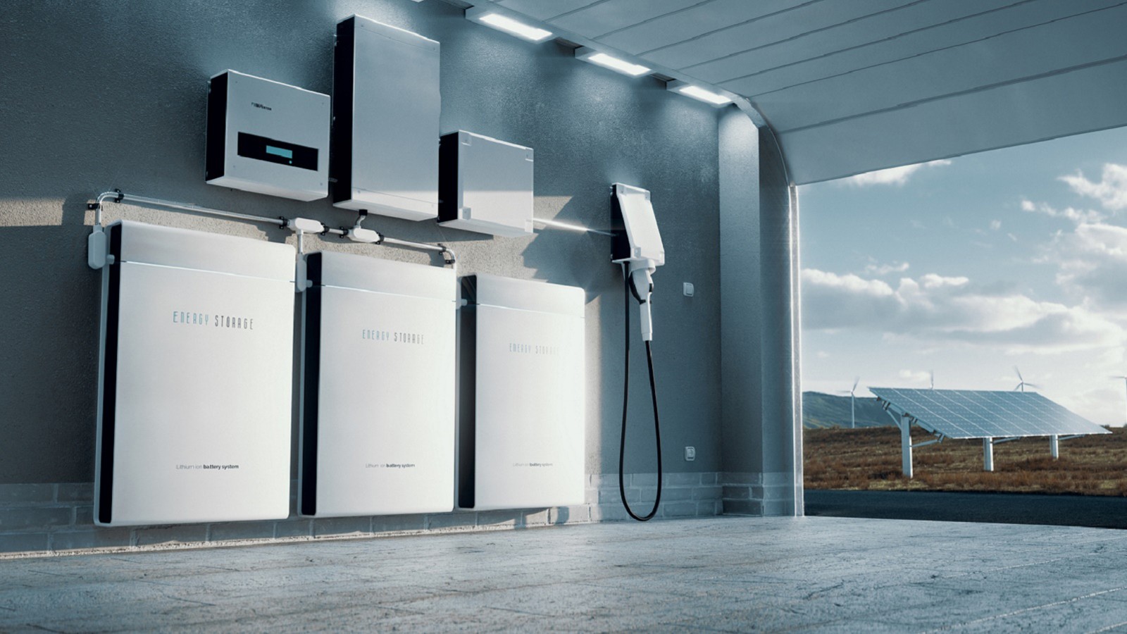 A residential battery storage unit mounted on a garage wall