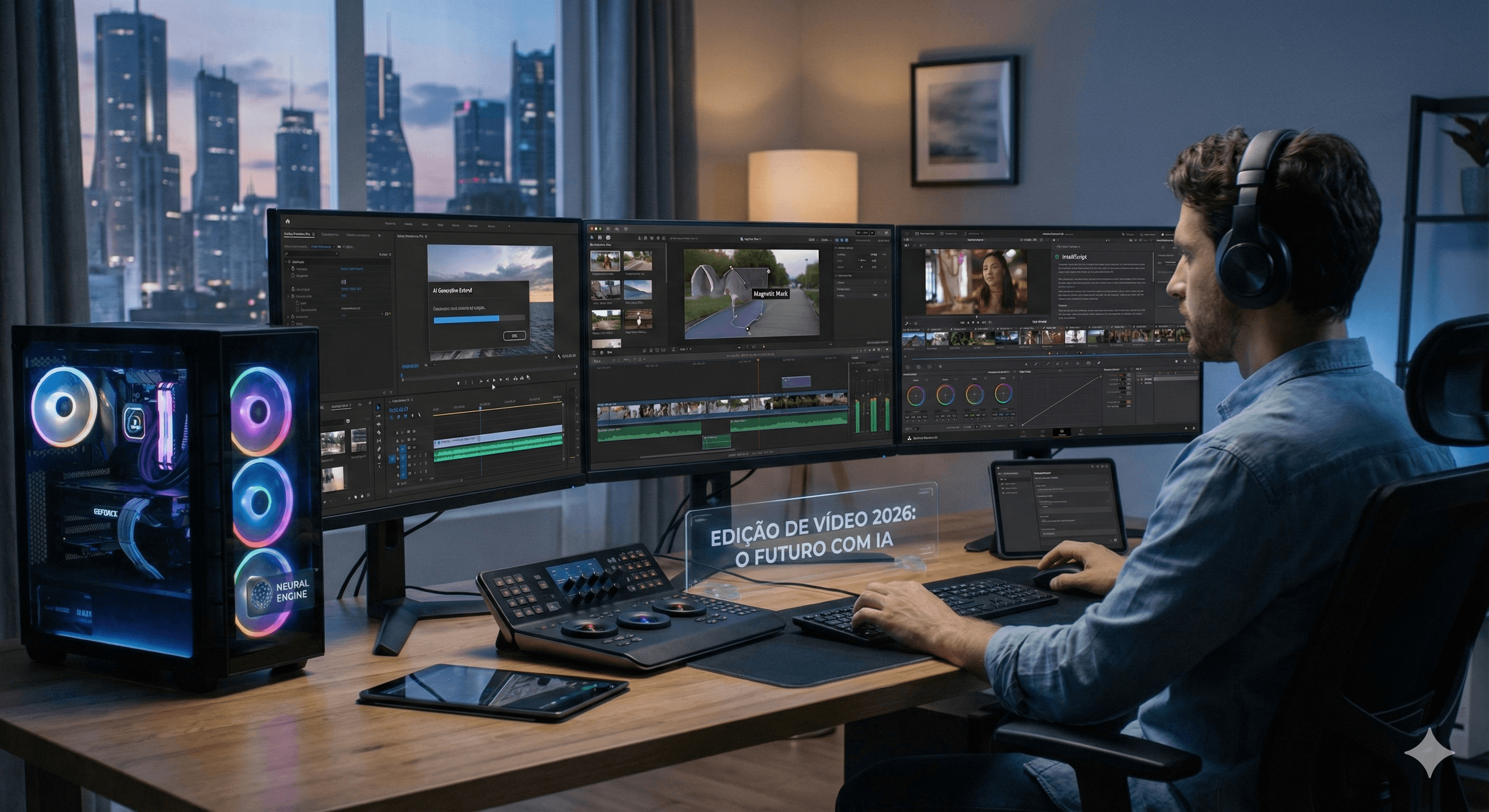Um editor de vídeo profissional num escritório moderno, a trabalhar num computador topo de gama com três monitores que mostram software de edição.