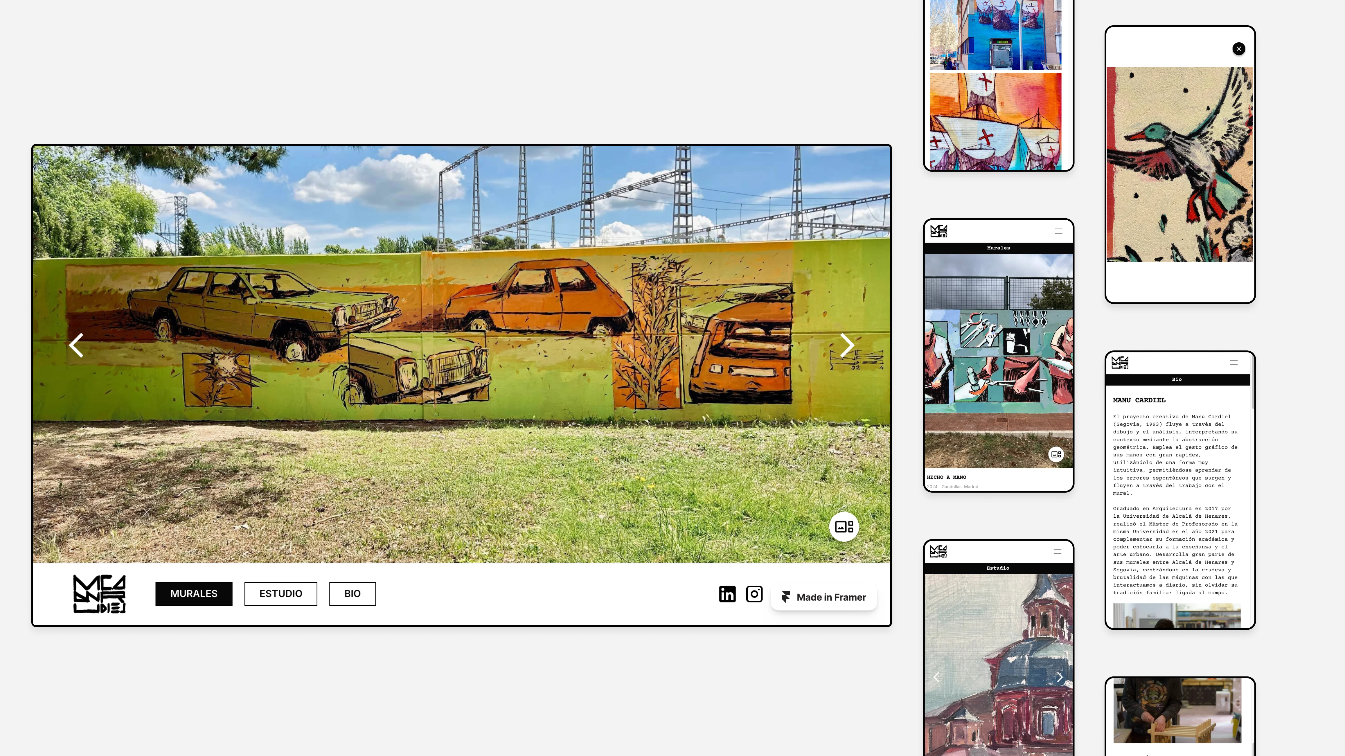 A combination of mockups in a white background, displaying a series of screens of an street art portfolio