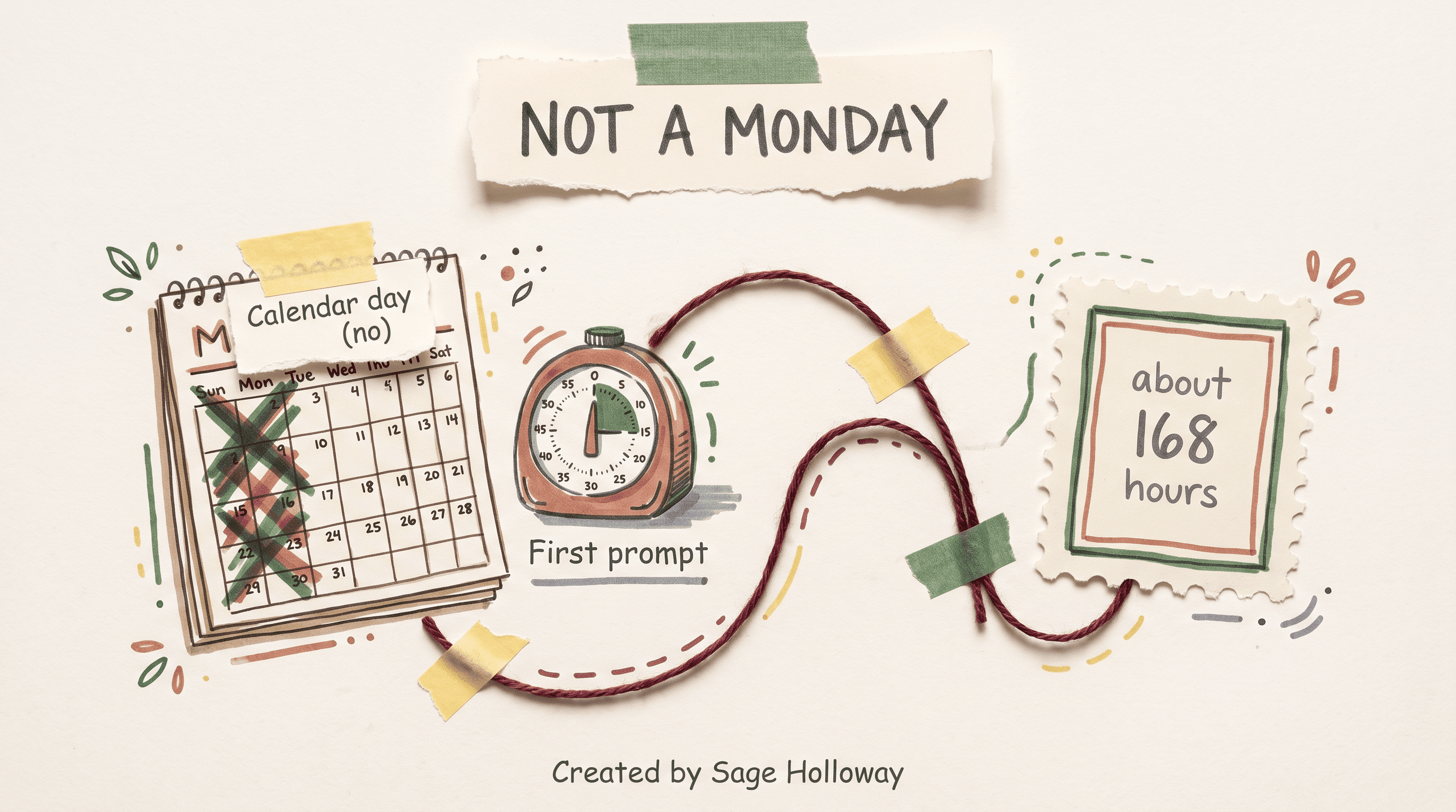 Scrapbook diagram of Claude Code weekly usage reset as first prompt plus about 168 hours, not a calendar day