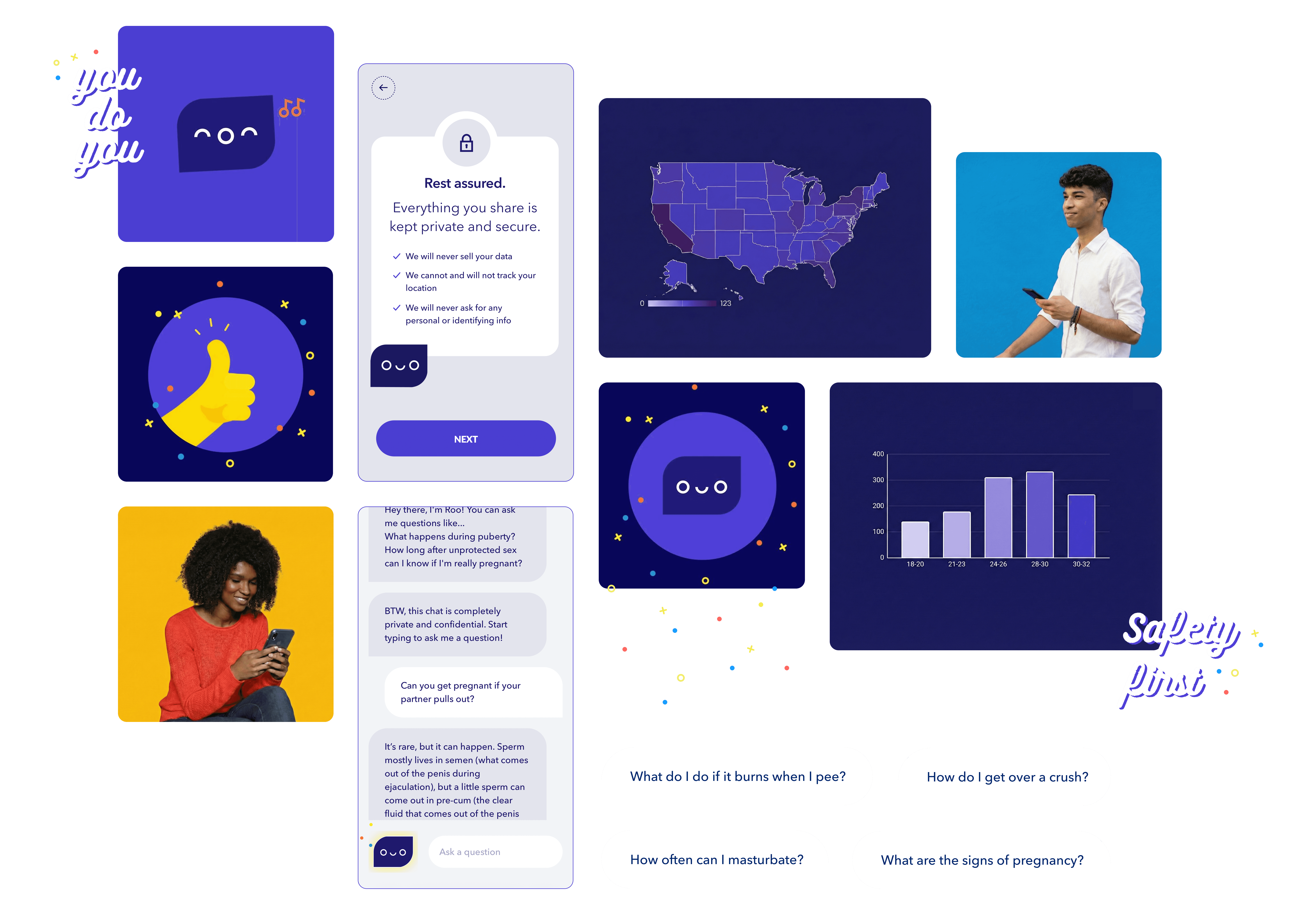 Mobile app screen showing recommended sexual and reproductive health articles, including pregnancy, anatomy, and birth control.