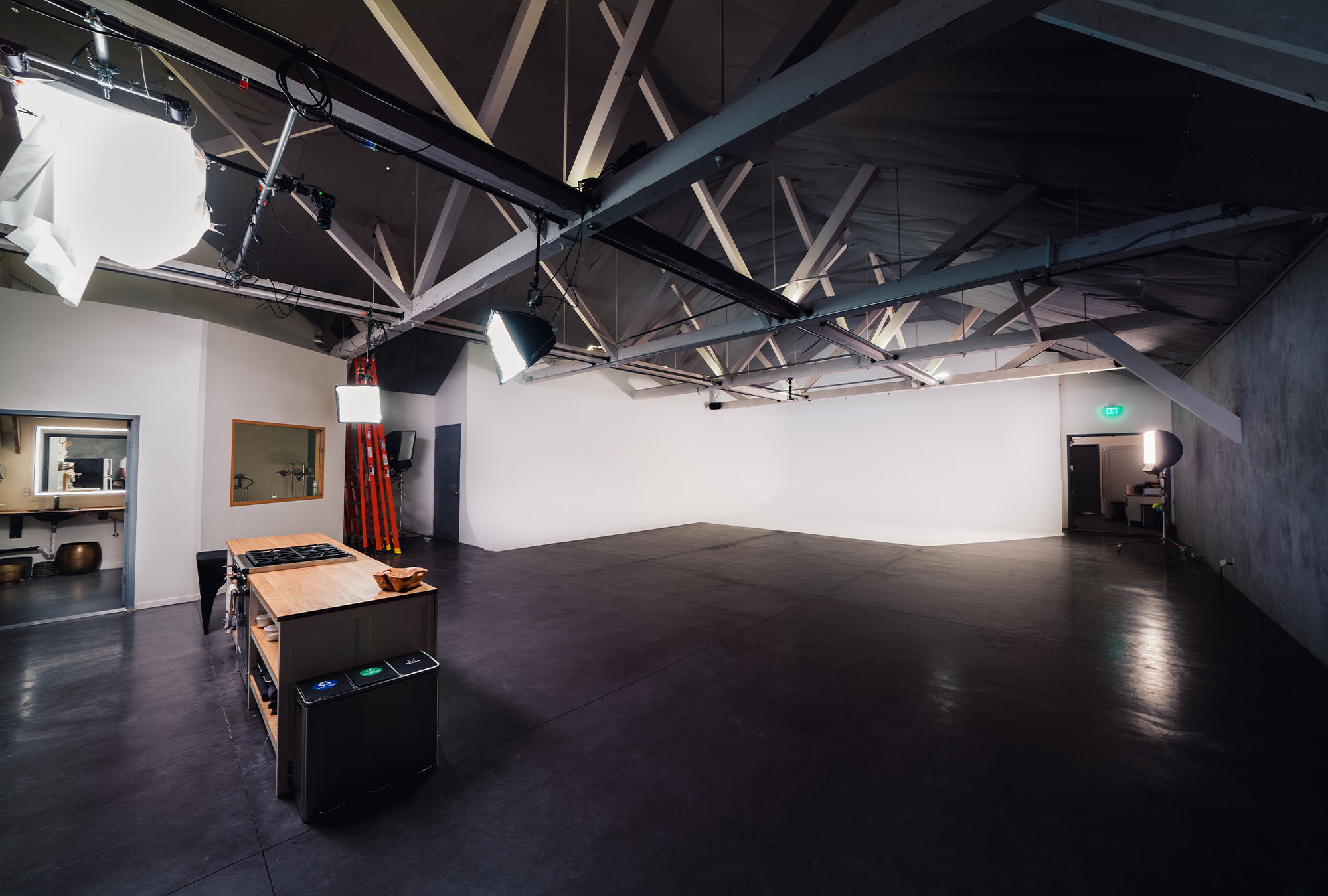 A 3/4 wide angle shot of the studio floor at Particle Studio in Seattle, WA.