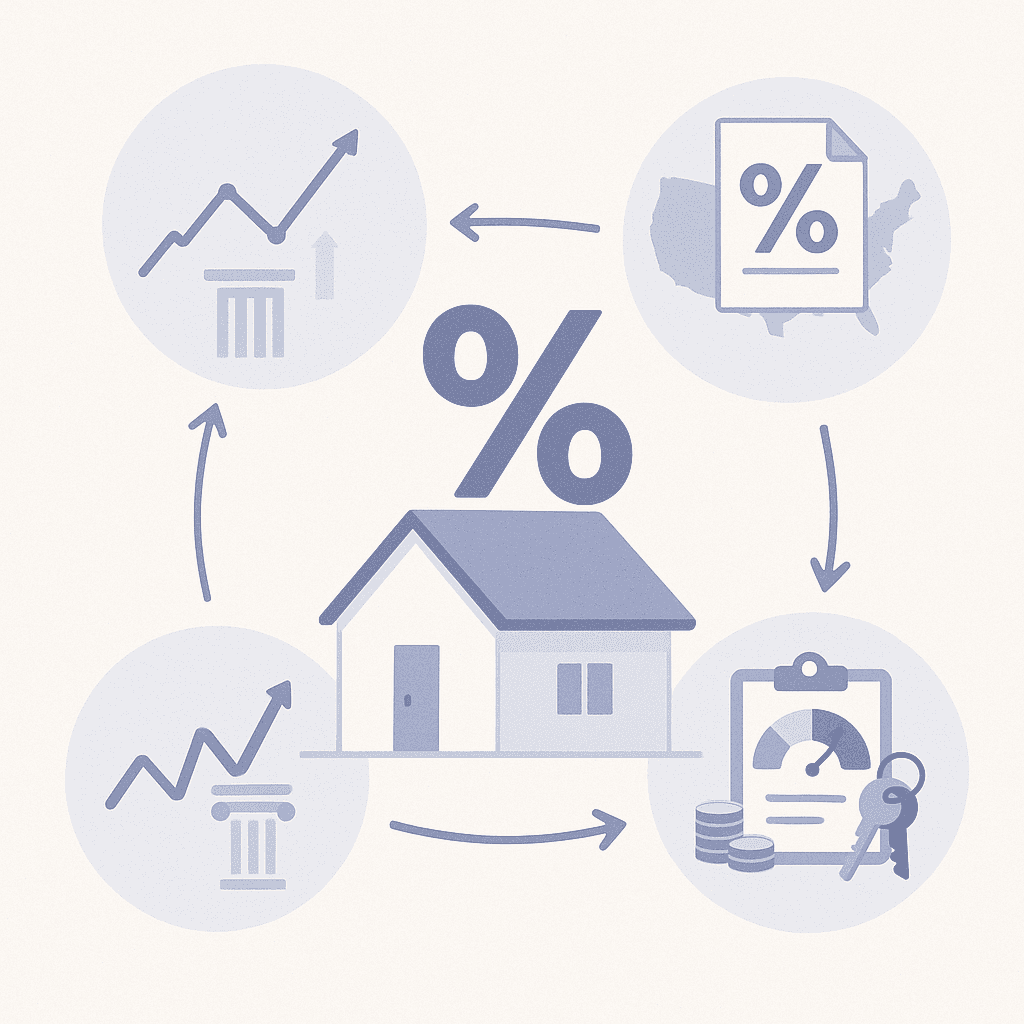Diagram showing house with percentage symbol linked to macro economy, national benchmarks, and personal borrower factors