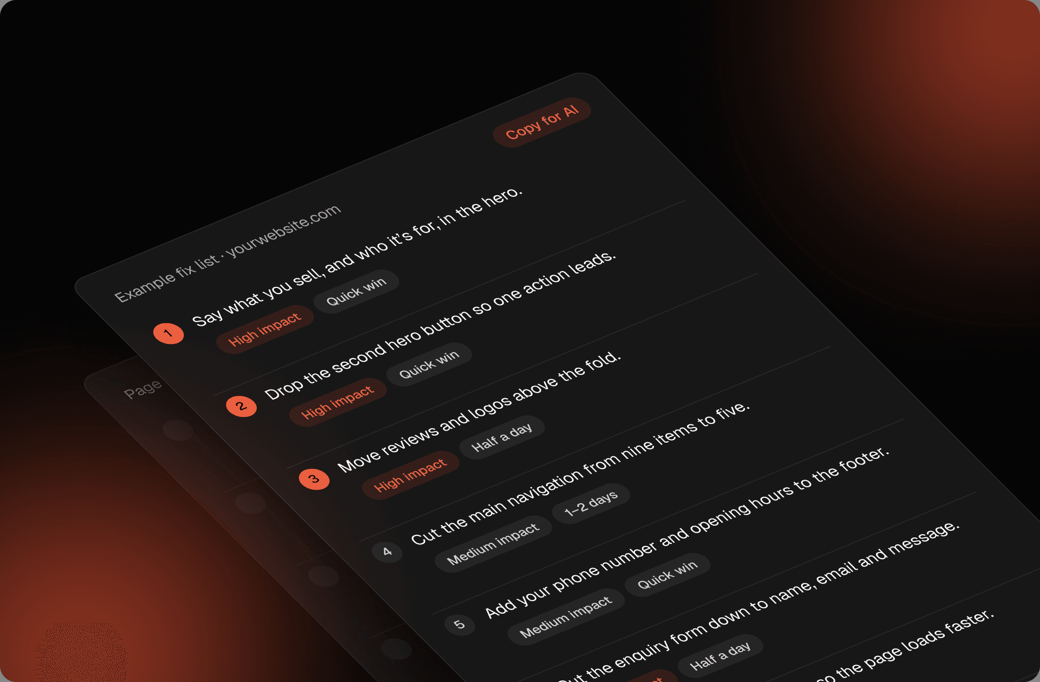 Example AI-ready fix list, ranked by impact