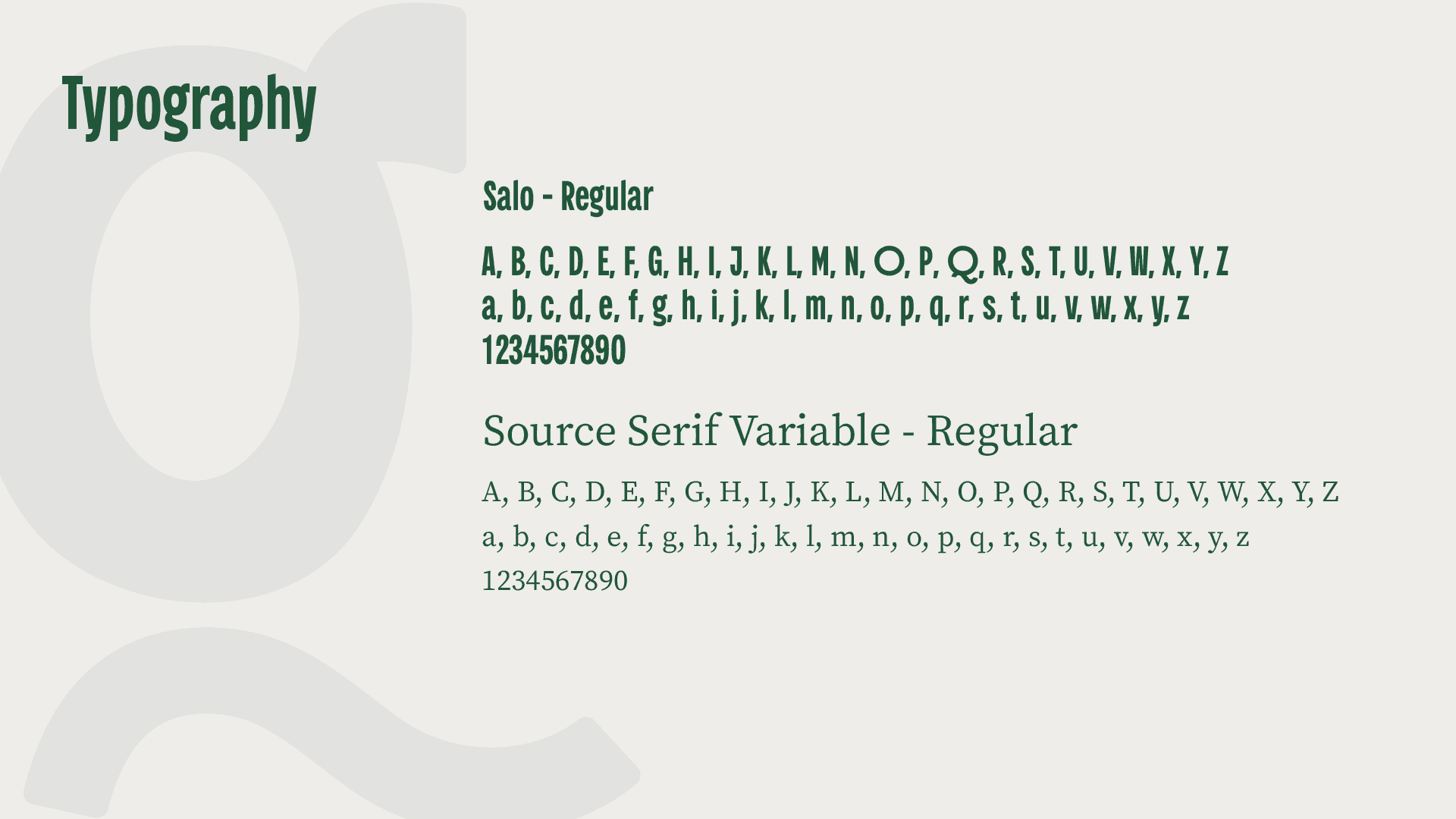 Light background with green text detailing typography pairings.