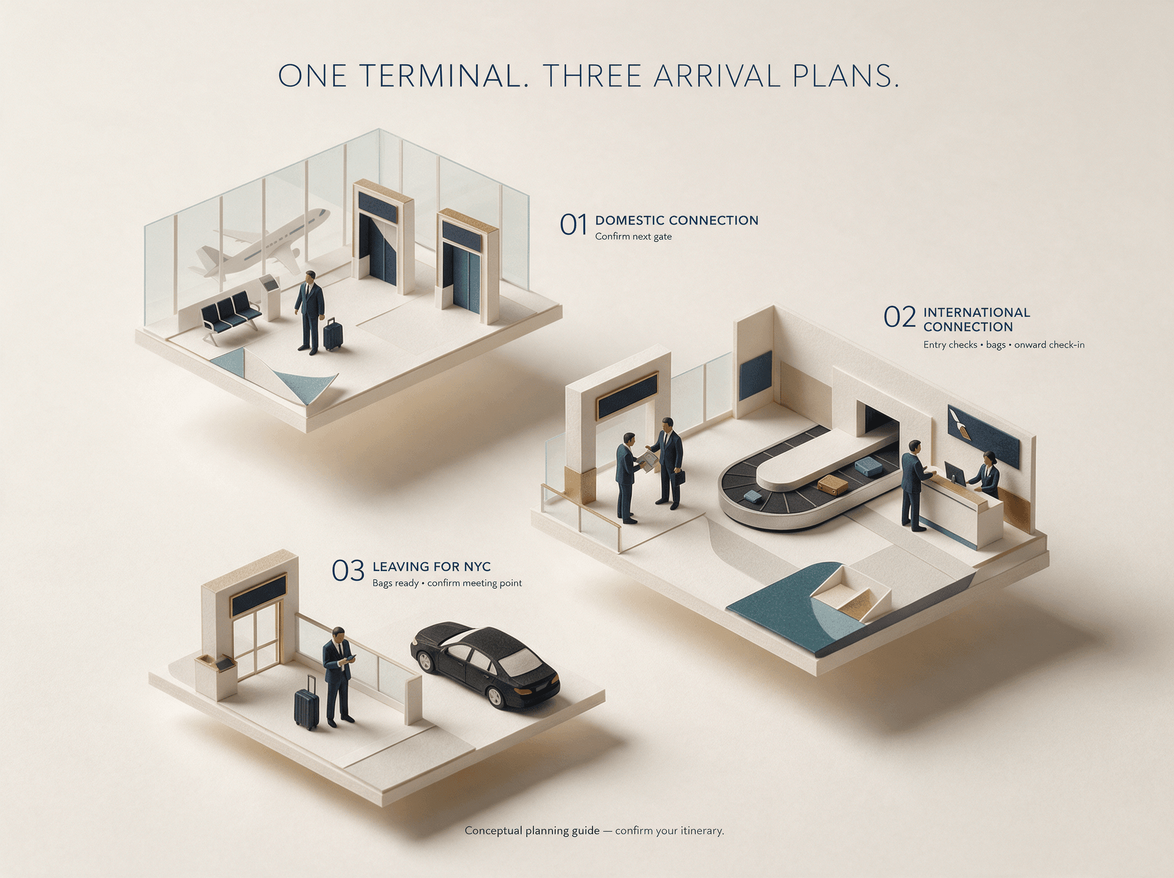 Three miniature airport scenes: a domestic connection at the gate, an international connection through entry checks and baggage, and a traveler confirming a NYC pickup after collecting bags.