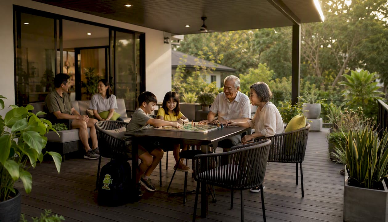 Family on deck with solid attached roof