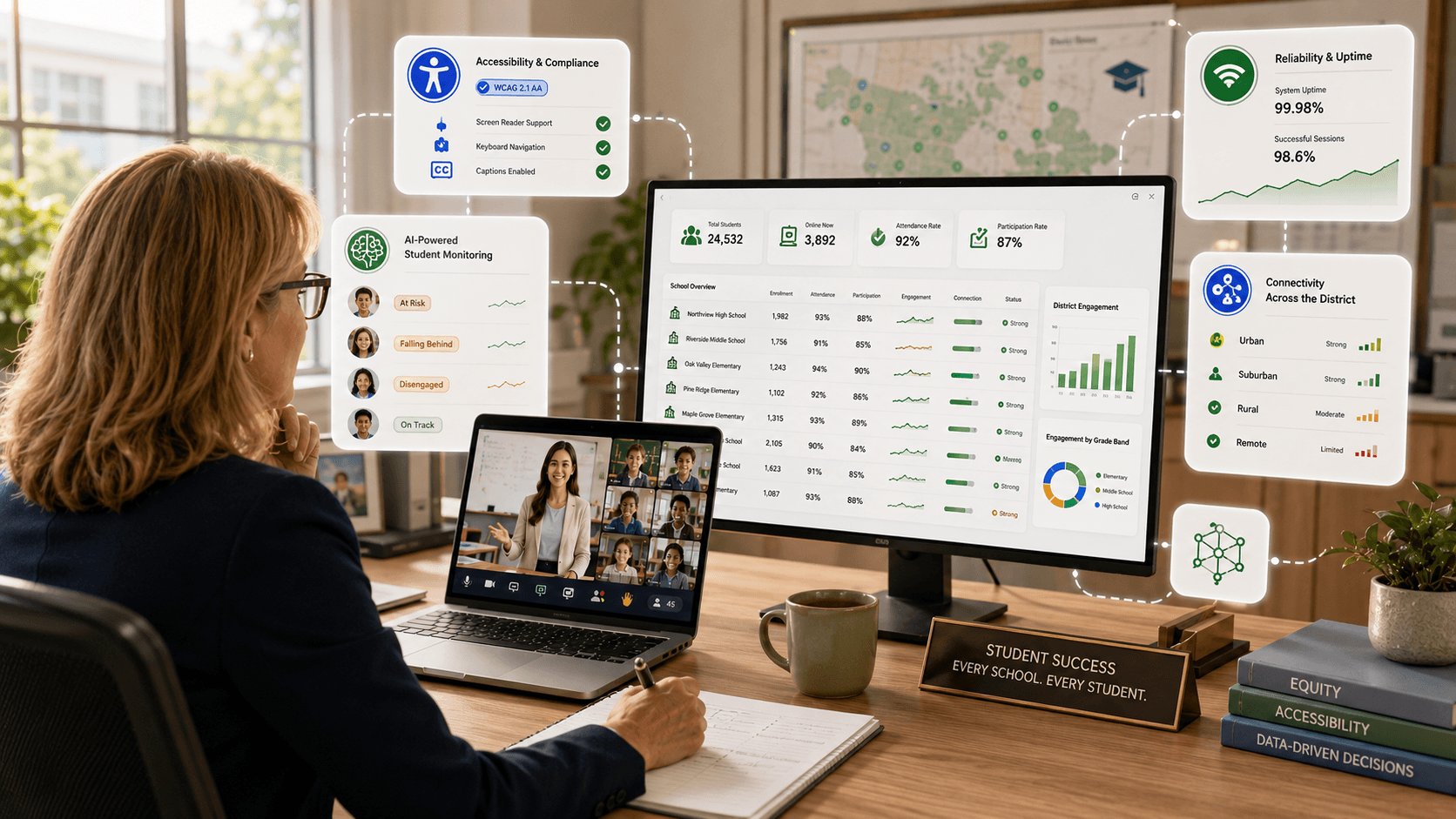 District virtual classroom software dashboard with AI student monitoring, accessibility compliance, engagement analytics, and uptime reporting