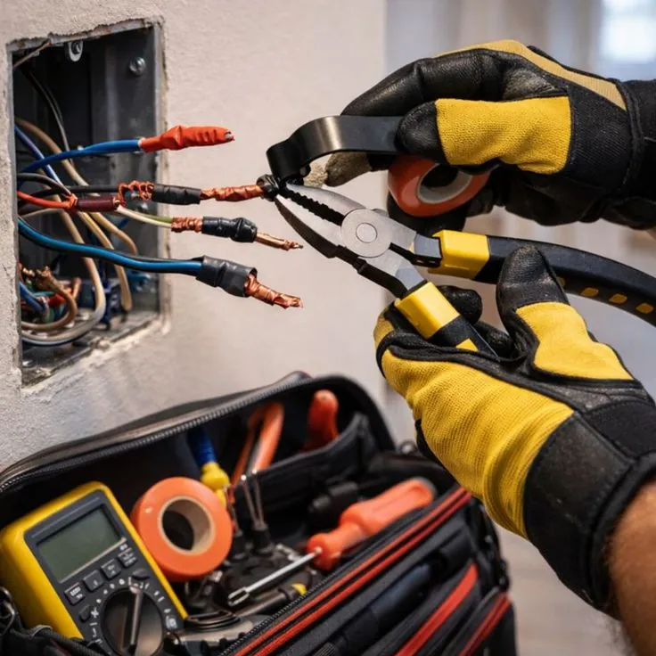 An electrician working on a wall socket with wires exposed.