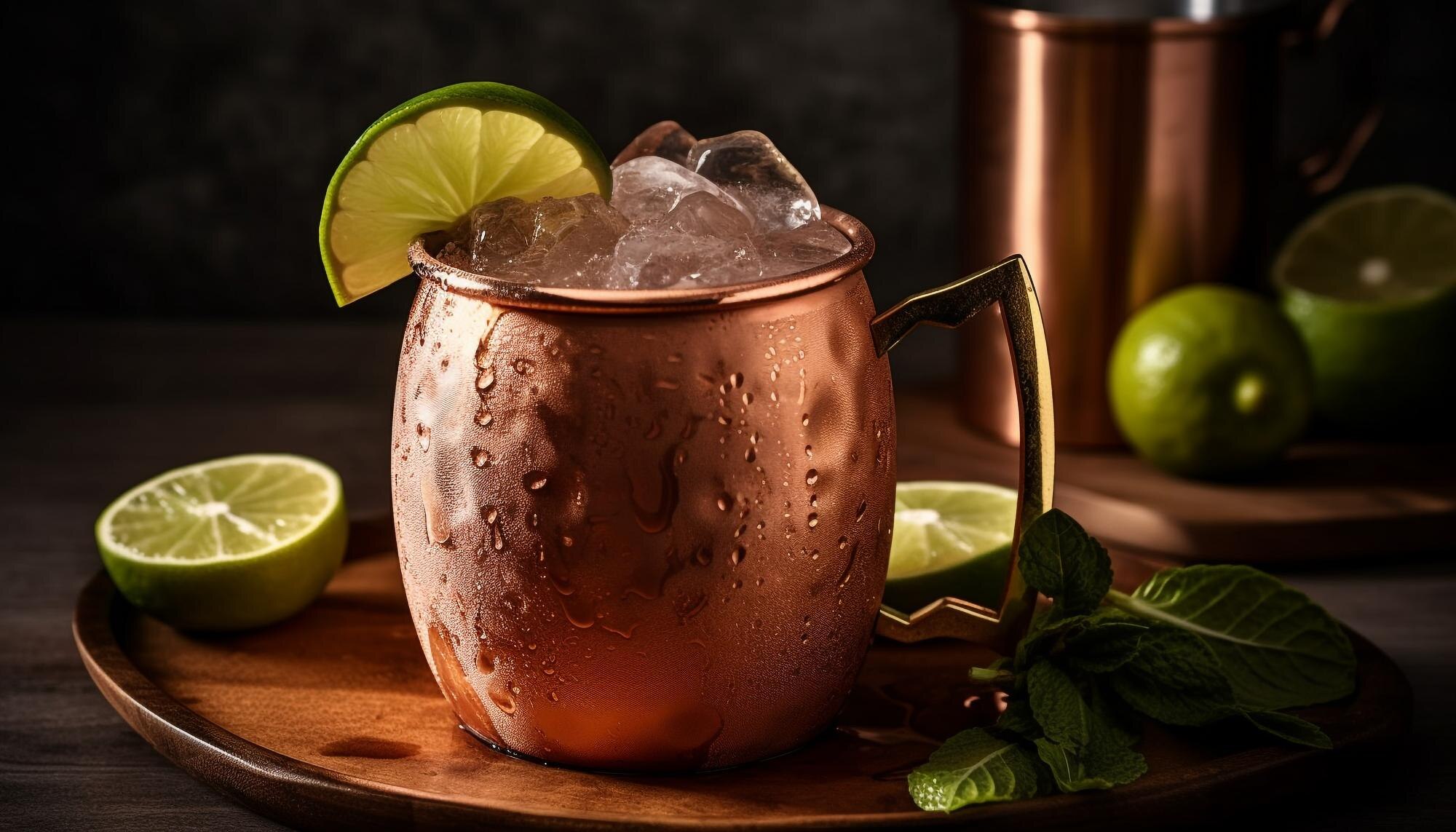 Macro photography of a copper mug cocktail with fresh lime and mint, emphasizing texture and the premium beverage menu.