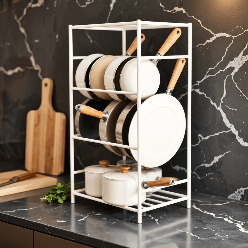 product photography of a kitchen organizer for pots and lids