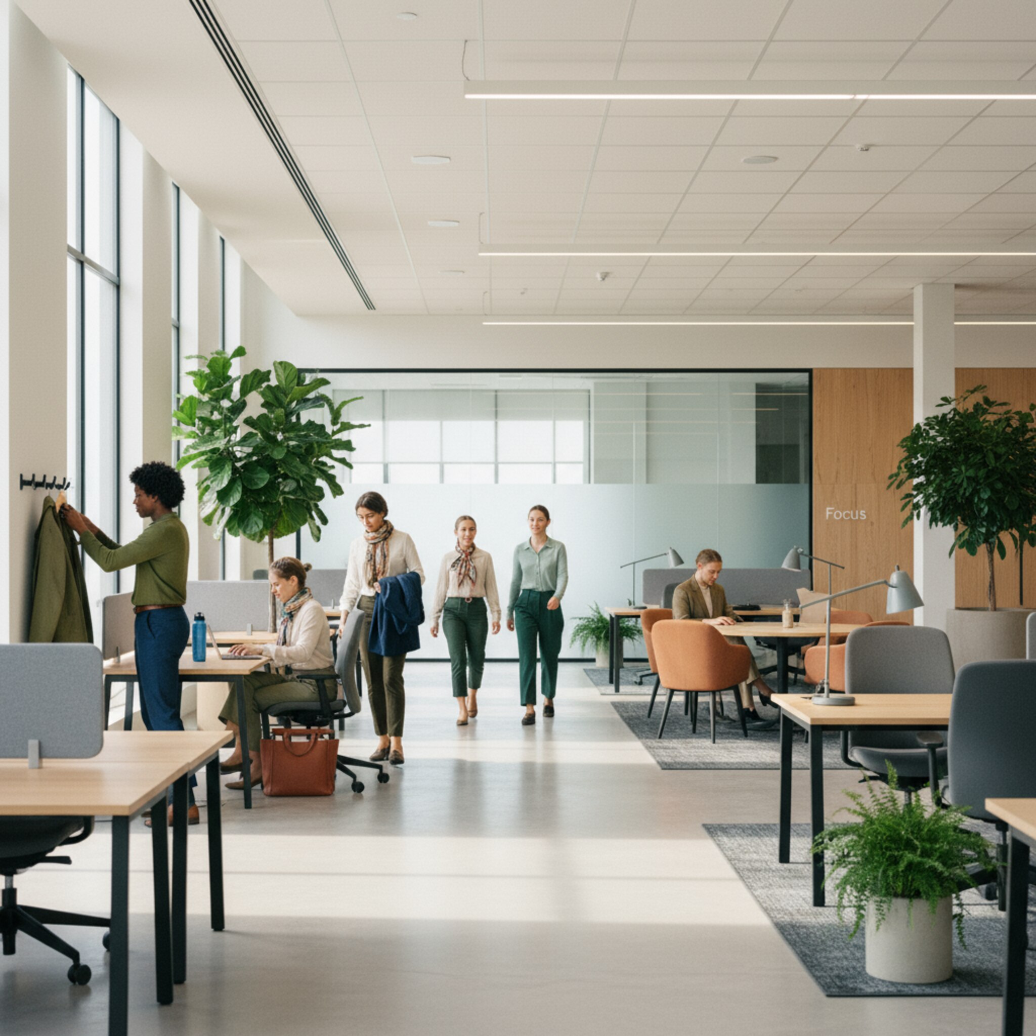Ein Team betritt am Vormittag eine Etage mit klar markierten Arbeitszonen. Einige hängen Jacken an Garderoben, andere nehmen an freien Plätzen Platz. Ein ruhiger Fokusbereich bleibt bewusst leer für spätere Ankünfte. Die Szene vermittelt faire Verteilung, Verfügbarkeit und entspannte Routine.