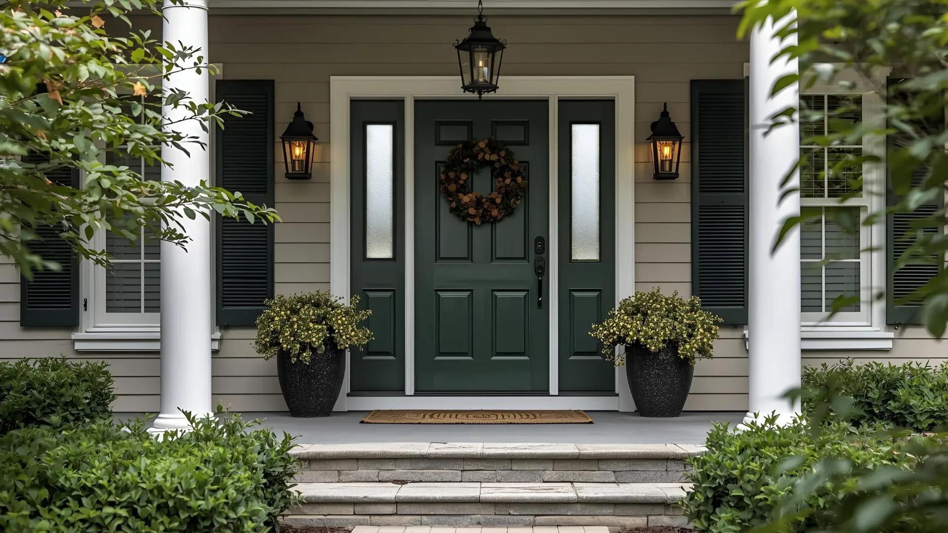 A dark green front door with a wreath hung upon it