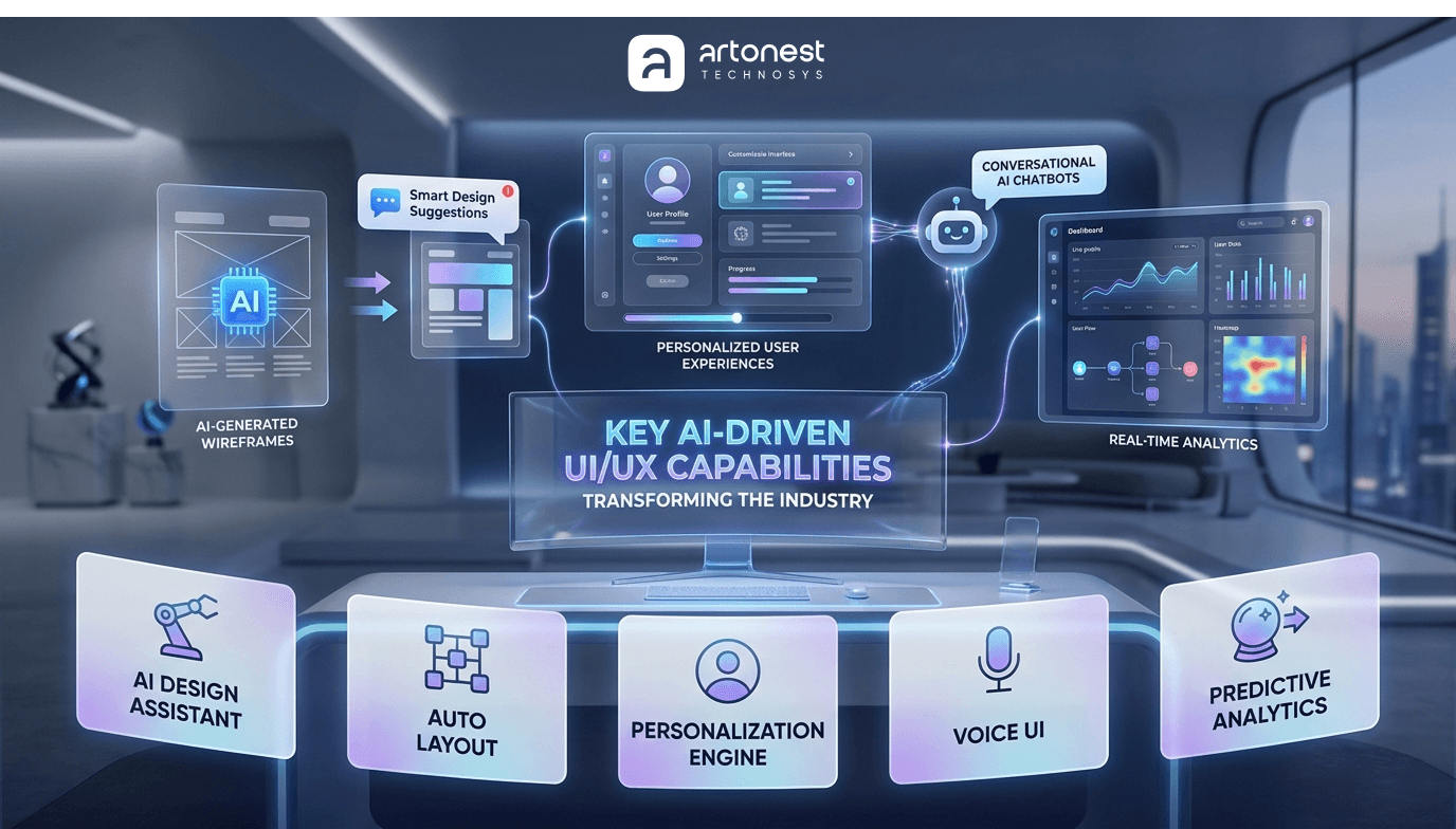 Artonest key AI-driven UI UX capabilities including wireframes, personalization engine, voice UI, and predictive analytics transforming design in 2026