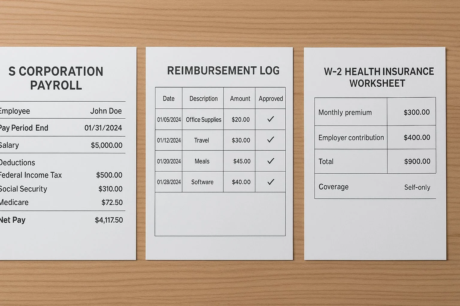S corporation payroll document displayed next to a reimbursement log and W-2 health insurance worksheet on a desk.