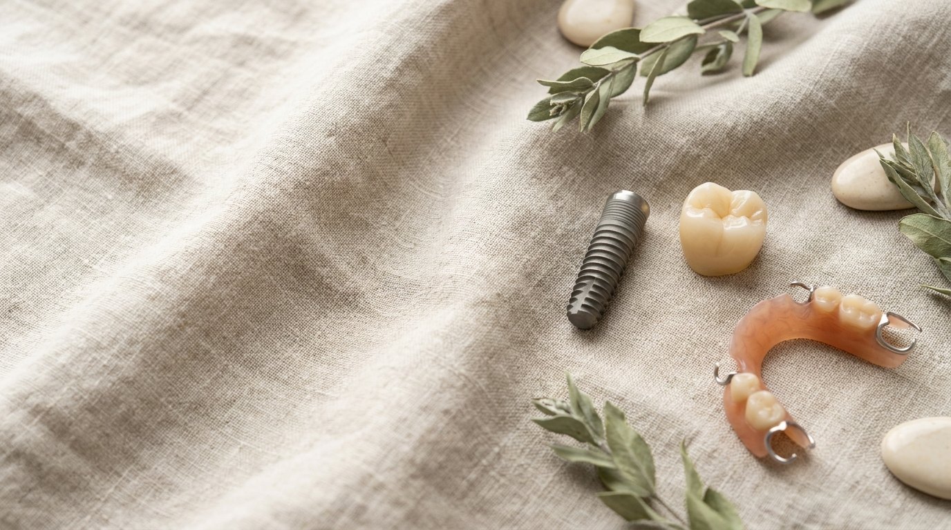 Models of a dental implant, a crown and a partial denture on linen