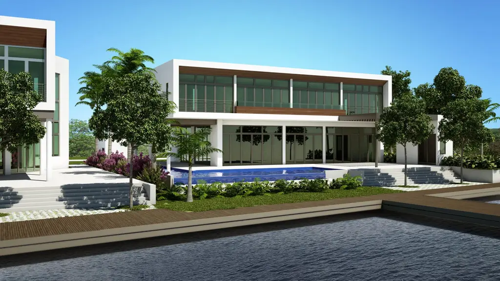 Waterfront view of modern villa with private pool and dock, Rodney Bay St. Lucia