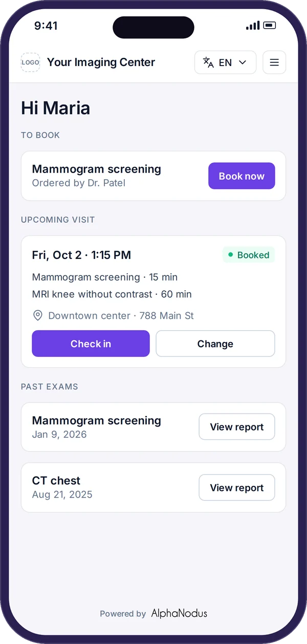 Gravity Visit on a phone: the home screen with the upcoming visit and a Check in button