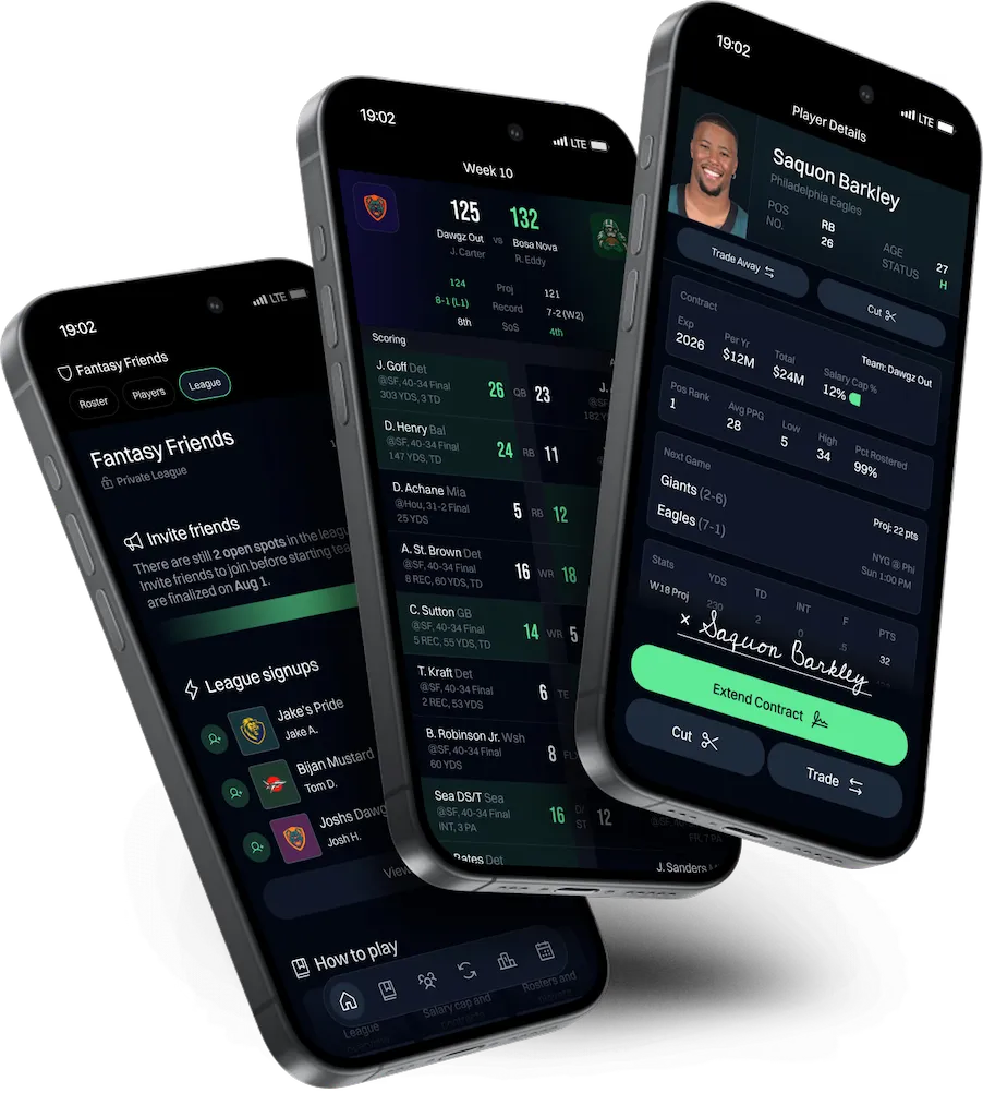 Franchise League Football app showing league standings, roster management, and player contract screens