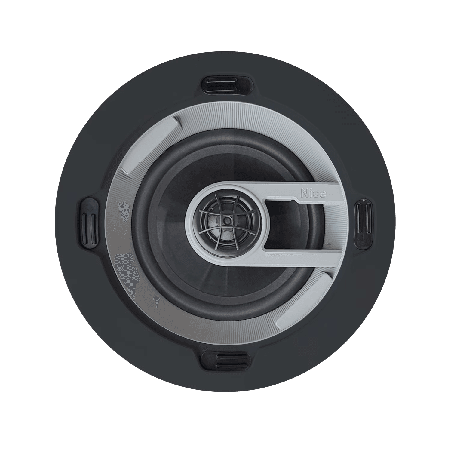Round speaker with silver trim and "Nice" logo.