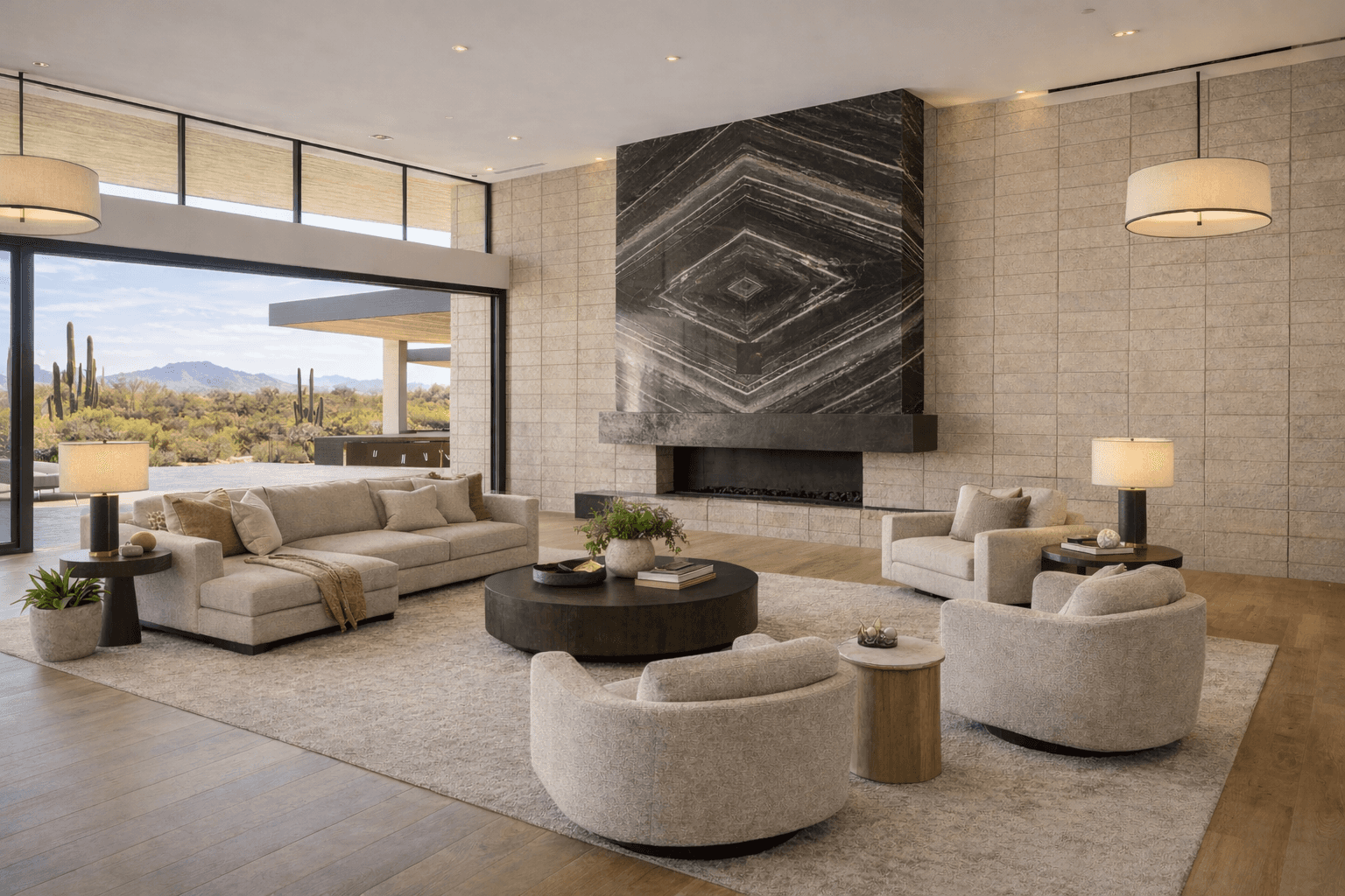 Modern indoor space with large glass doors, lush greenery, and a cozy seating area visible beyond.