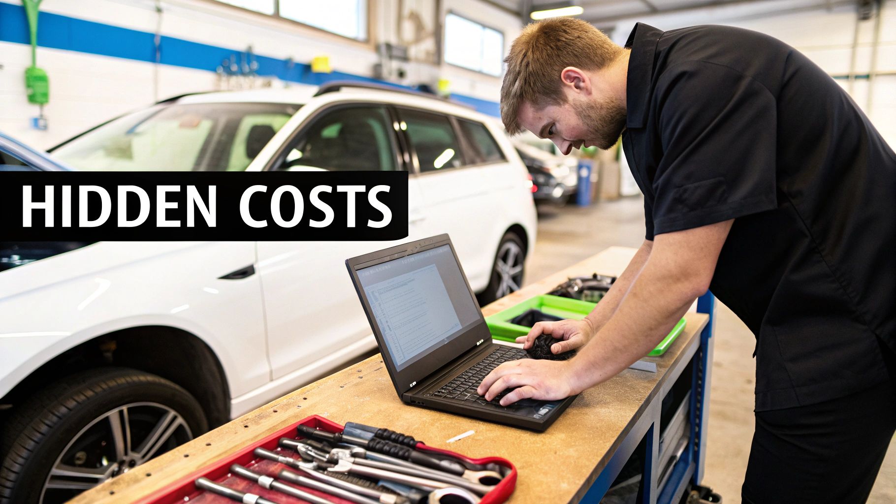 A mechanic works on a laptop in a busy auto repair shop with a 'HIDDEN COSTS' sign.