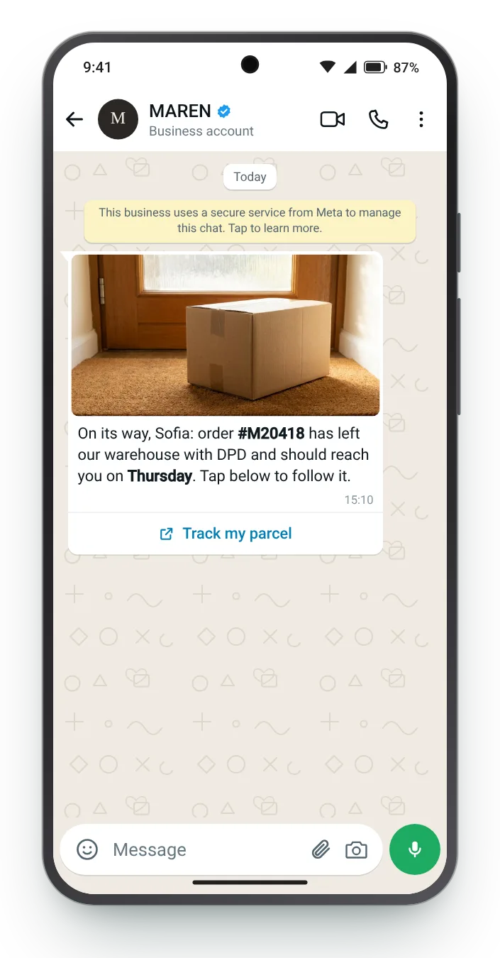 On its way, with a tracking button: WhatsApp shipping update on an Android phone