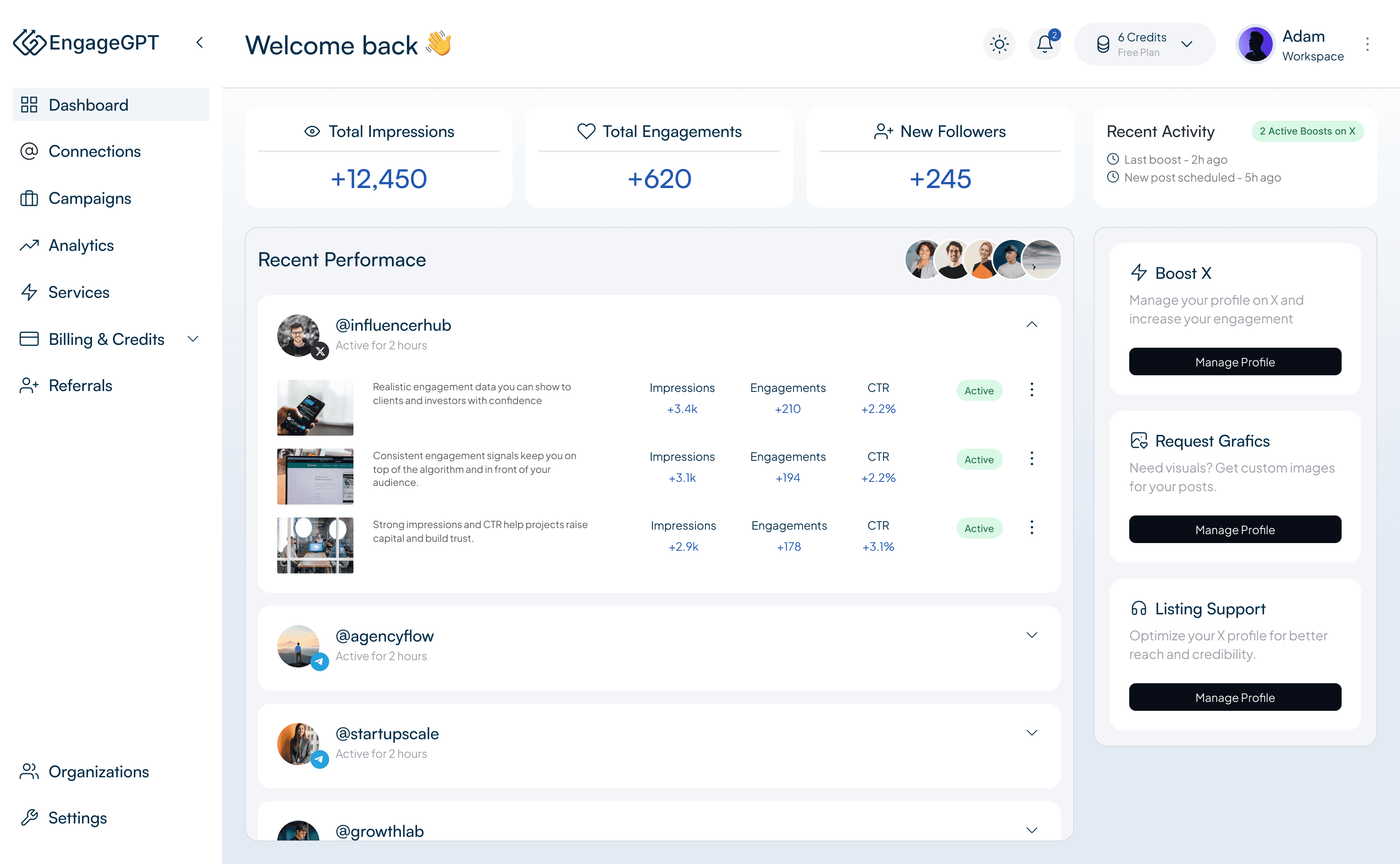 Business dashboard showing revenue, deals, customer list, growth chart, and new activity. 