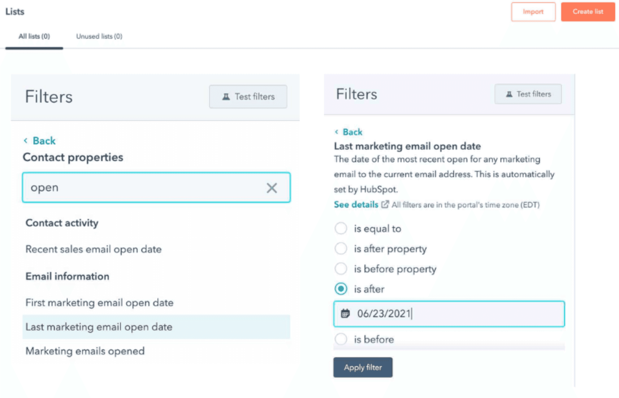 Export Engagement Lists.png  Alt text: "HubSpot filter screen showing list segmentation based on last marketing email open date."