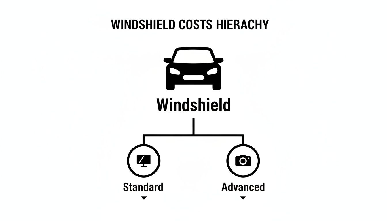 A hierarchy diagram illustrating windshield costs, categorizing them into Standard and Advanced types for cars.