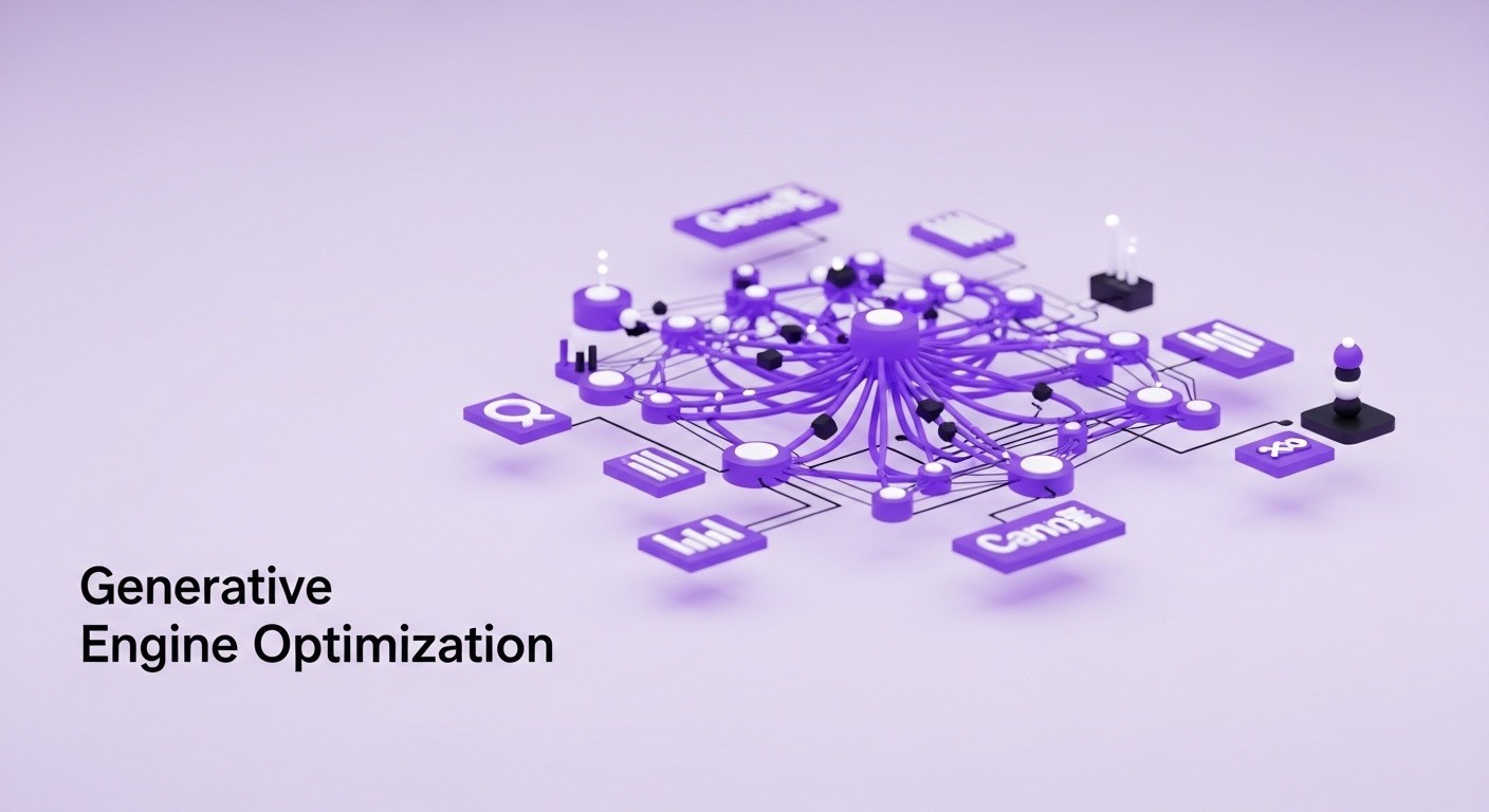 Generative Engine Optimization concept with AI data network, interconnected nodes, and search optimization workflow visualization