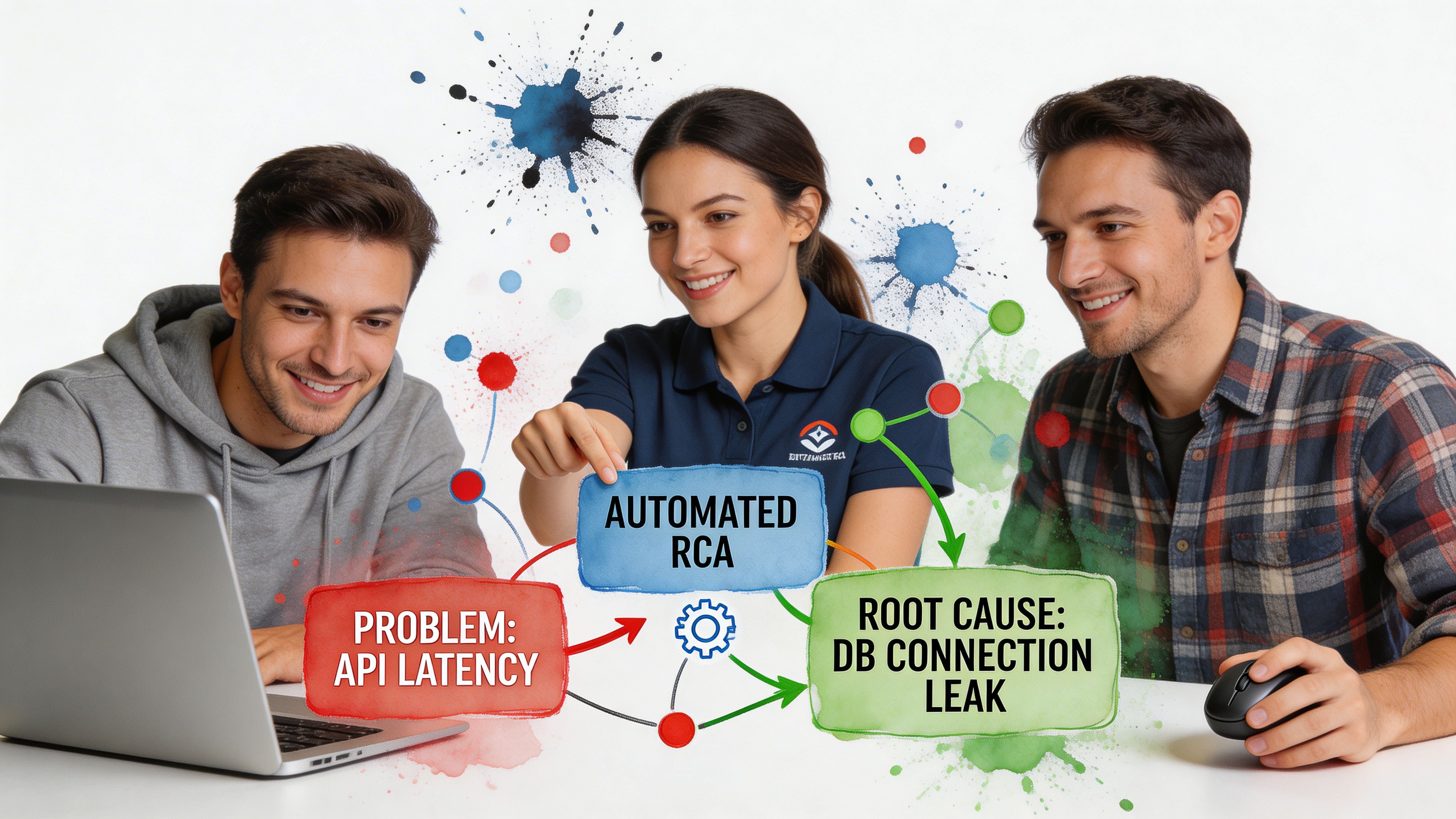 Three colleagues collaborating on a laptop to perform an automated root cause analysis on IT system issues.