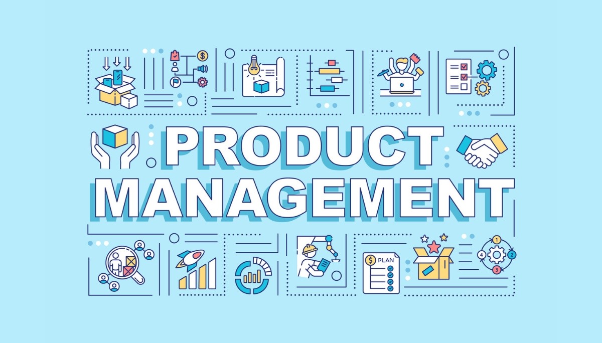 Illustration featuring the phrase "PRODUCT MANAGEMENT" surrounded by icons for coding, planning, analysis, and collaboration.