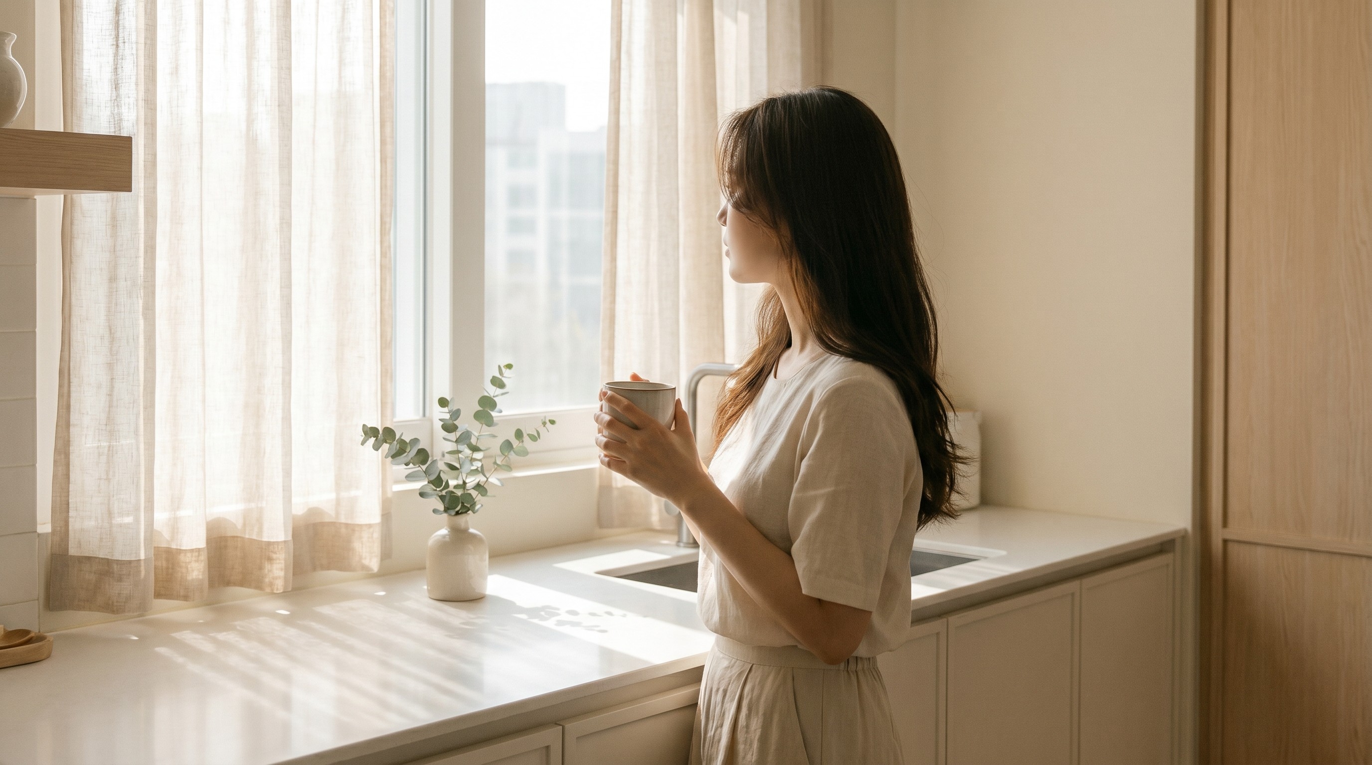 Woman in her thirties holding a coffee mug at a sunlit kitchen window in soft morning light
