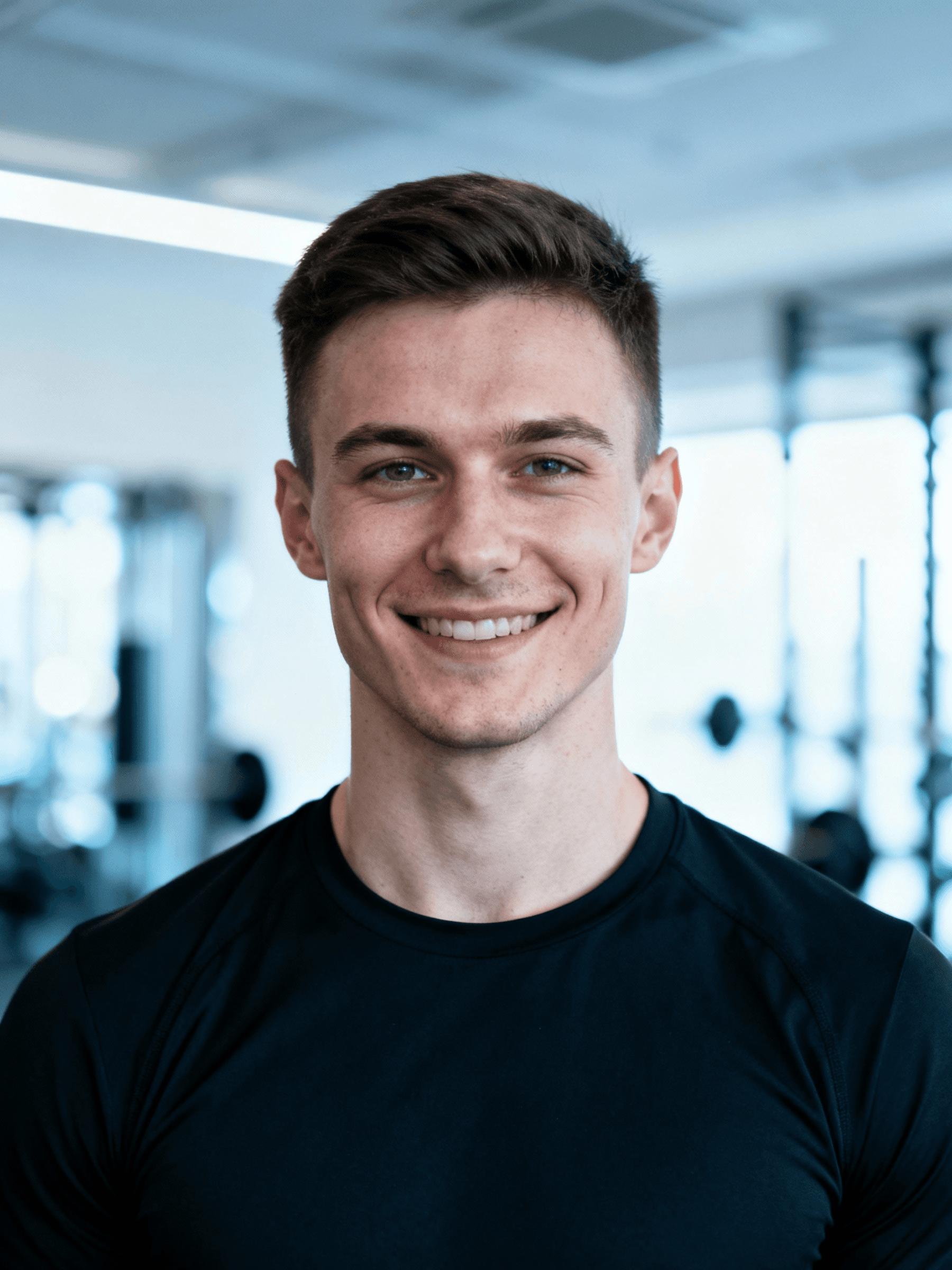 Smiling young male athlete in a black training shirt standing in a gym with weight racks behind him.