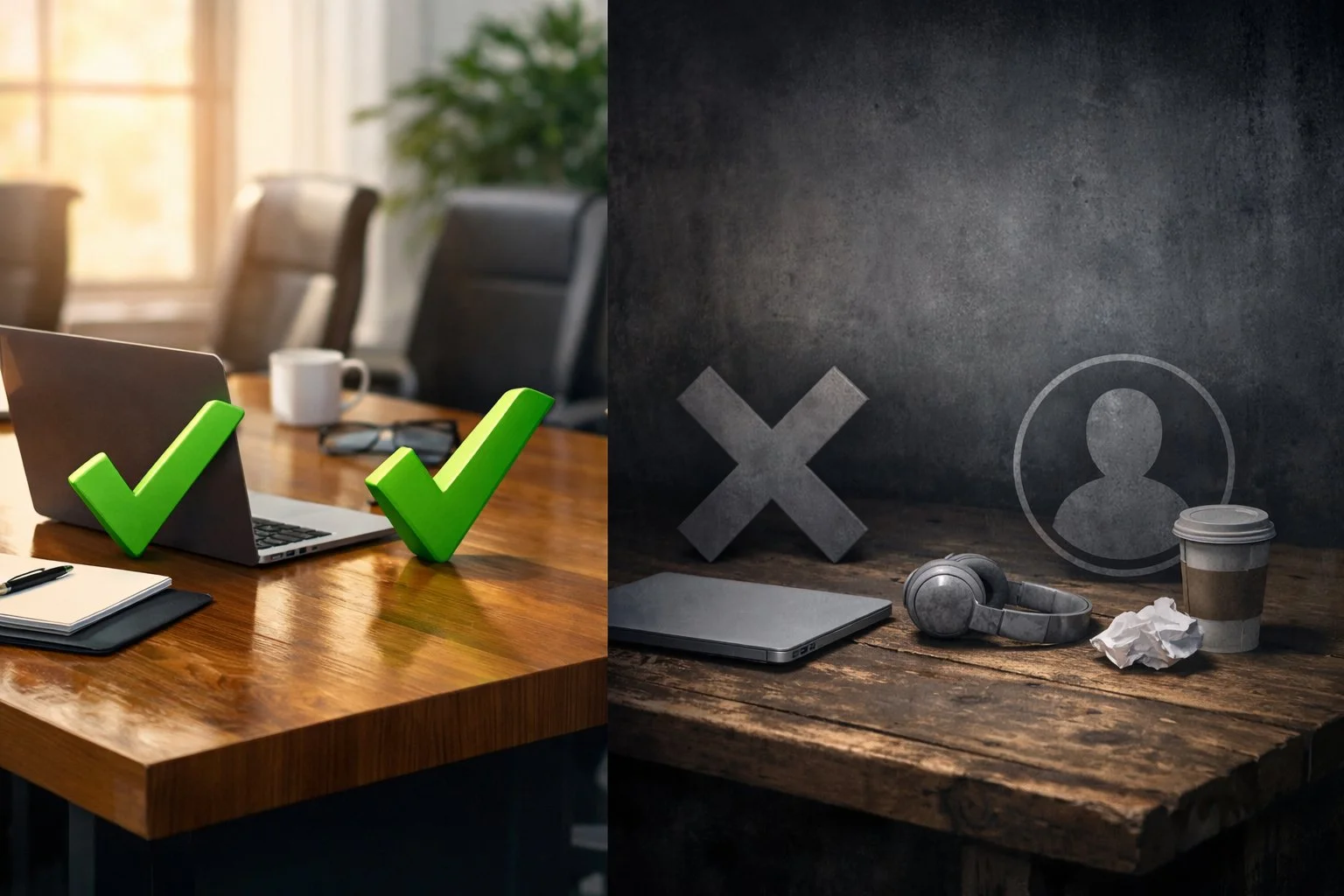 Contrast scene showing included and excluded workers, represented by clear checkmarks on one side and muted, inactive icons on the other.