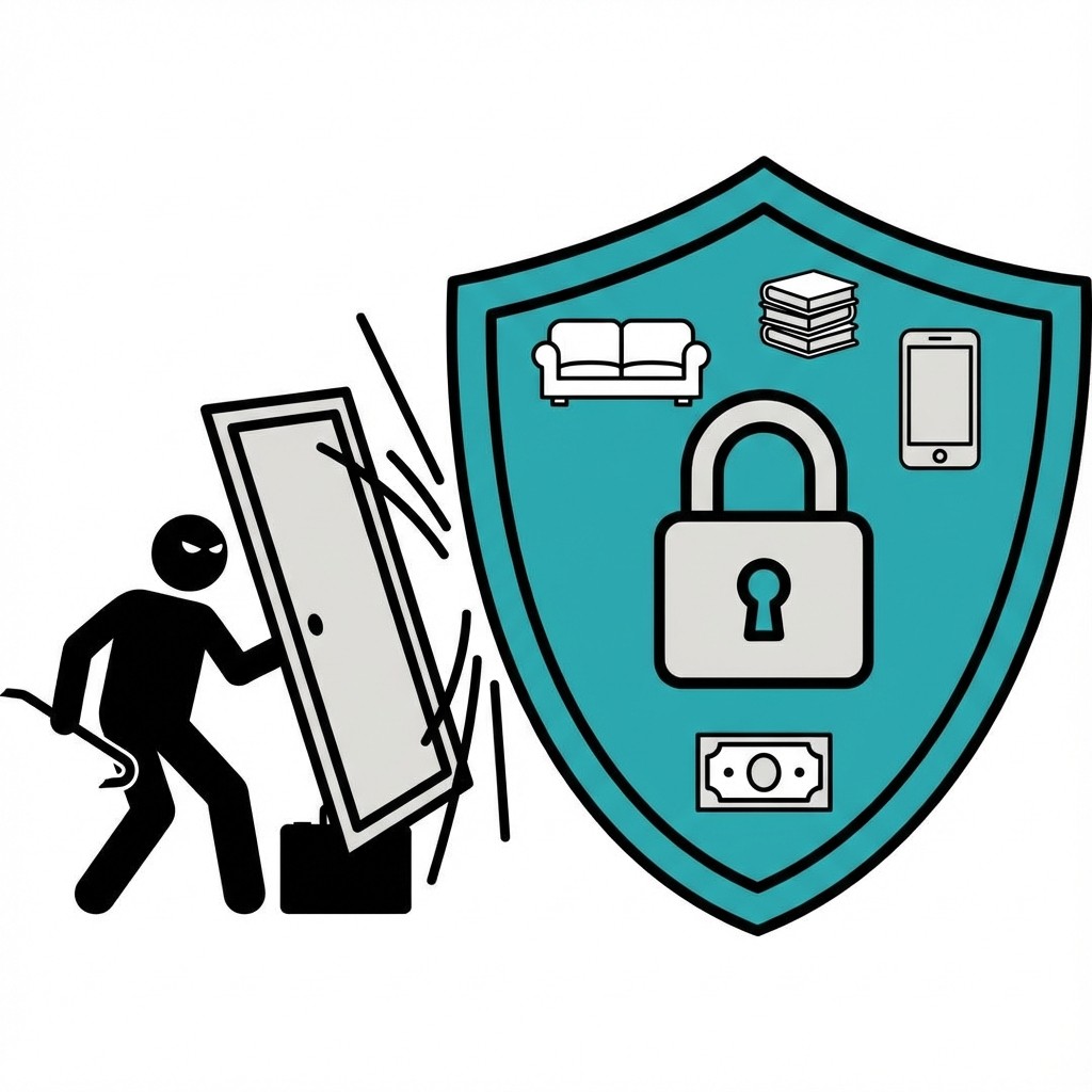 Einbrecher bricht Tür auf, daneben ein Schutzschild mit Schloss, das Möbel, Geld und Technik sichert.