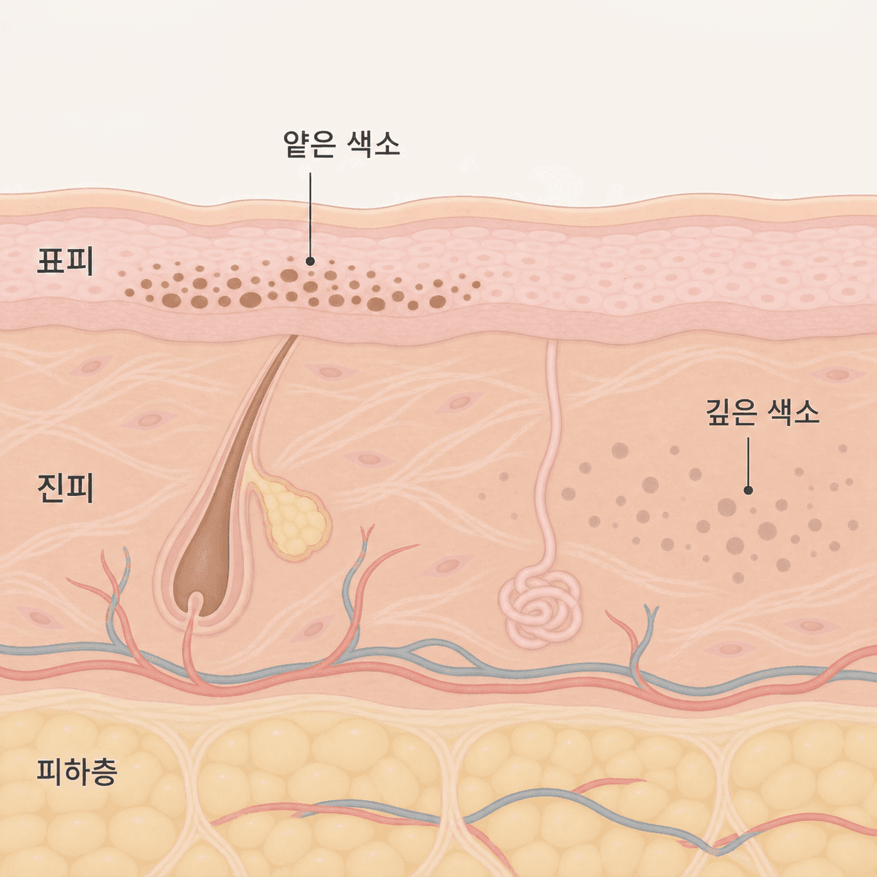 겉층에 있는 색은 테두리가 또렷하고, 깊은 층에 있는 색은 흐리고 회색빛으로 보여요