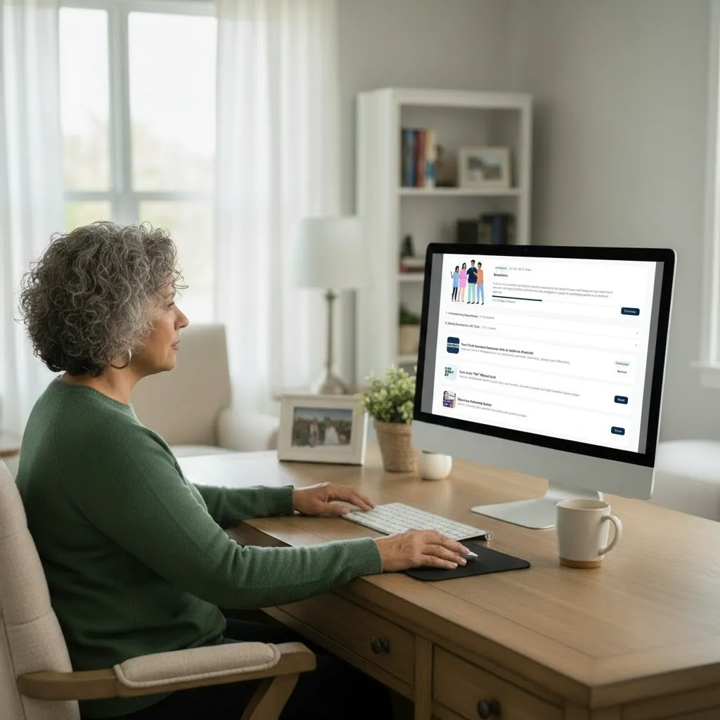 Woman at desk, focused, looking at computer. Curly gray hair, green sweater. Mug on desk. Light, modern room.